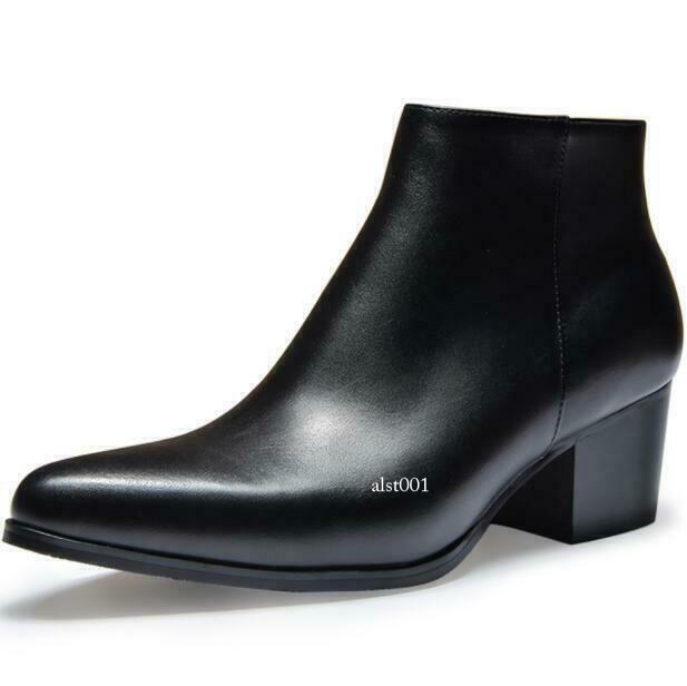 Mens Pointy Toe Zip Ankle Boots Cuban Heels British Brogue Leather Zipper Dress