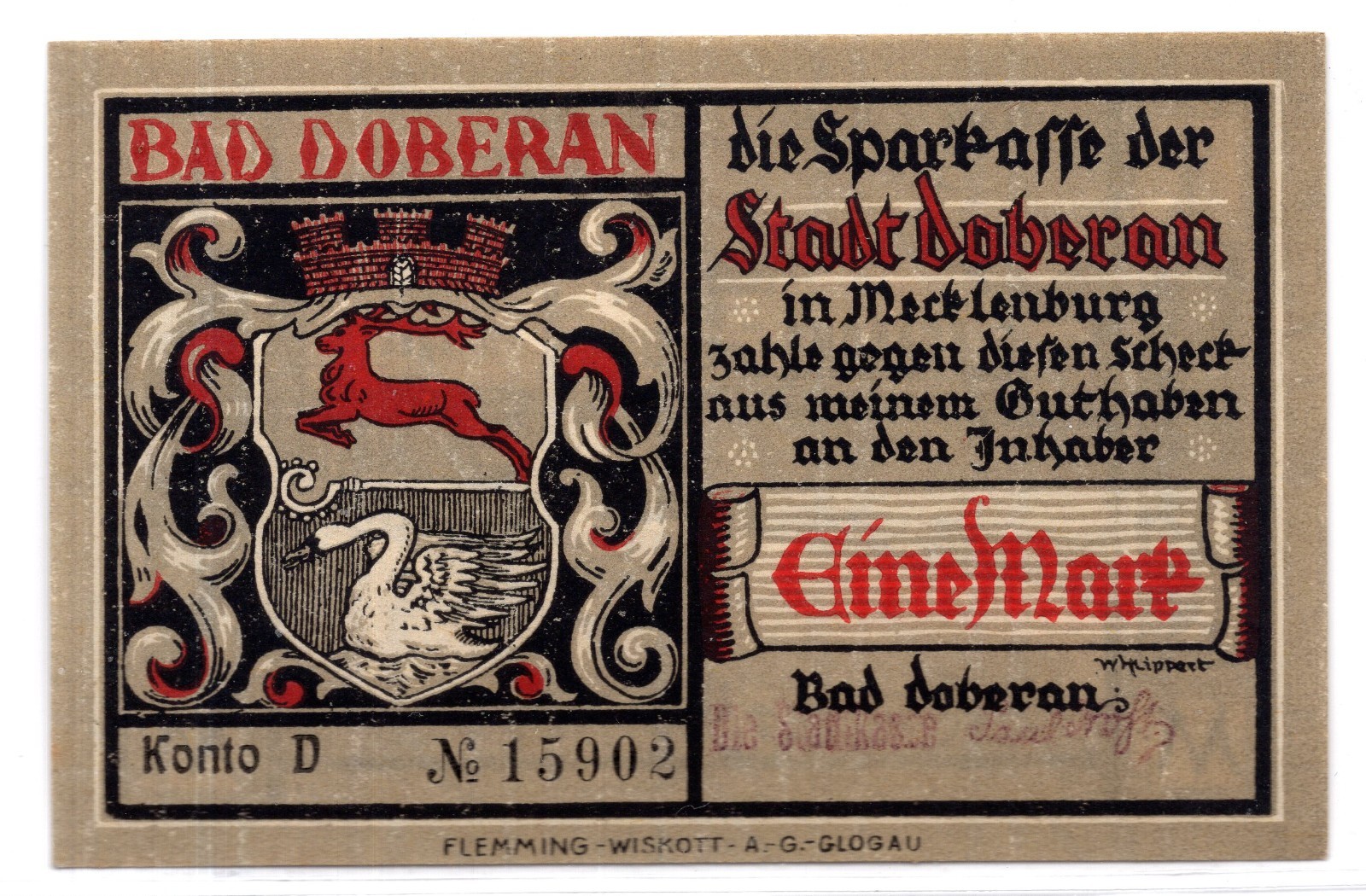 1922 Germany Bad Doberan Notgeld 1 Mark Note (3418)