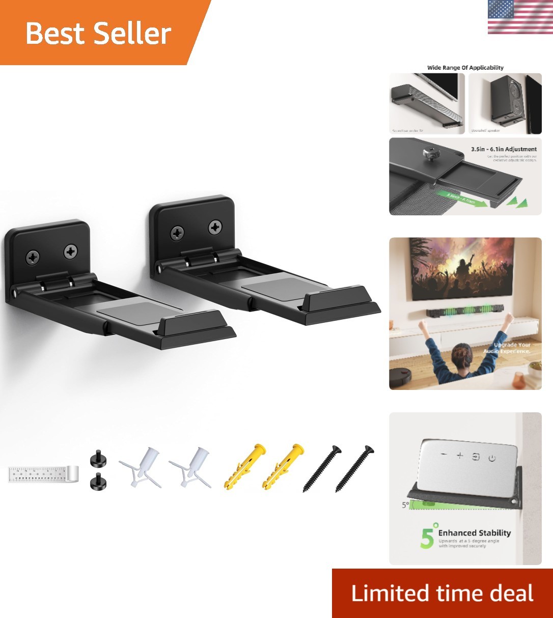 Versatile Adjustable Soundbar Mount - For Wall, TV, or Bookshelf Use, Black