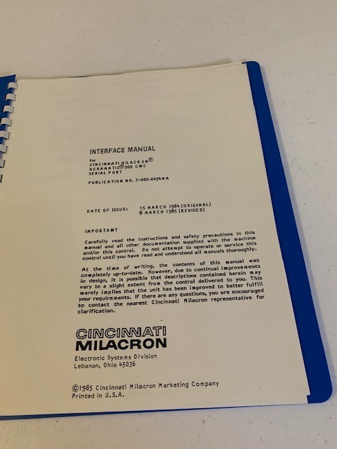 Cincinatti Milacron Interface Manual Acramatic 900 CNC