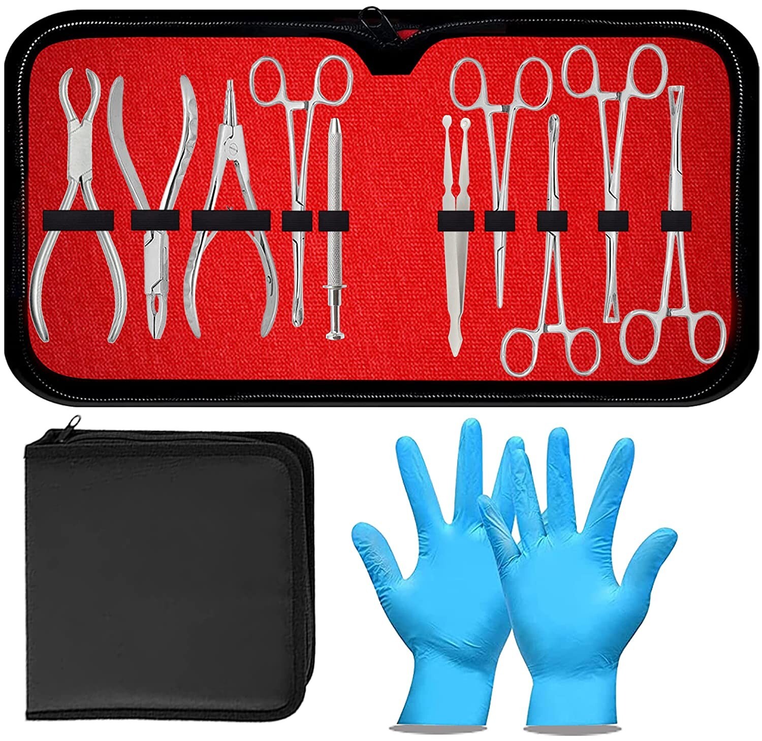 12 Body Piercing Instrument Kit  Penington, Sponge, Septum Forceps, 2 Blue Glove