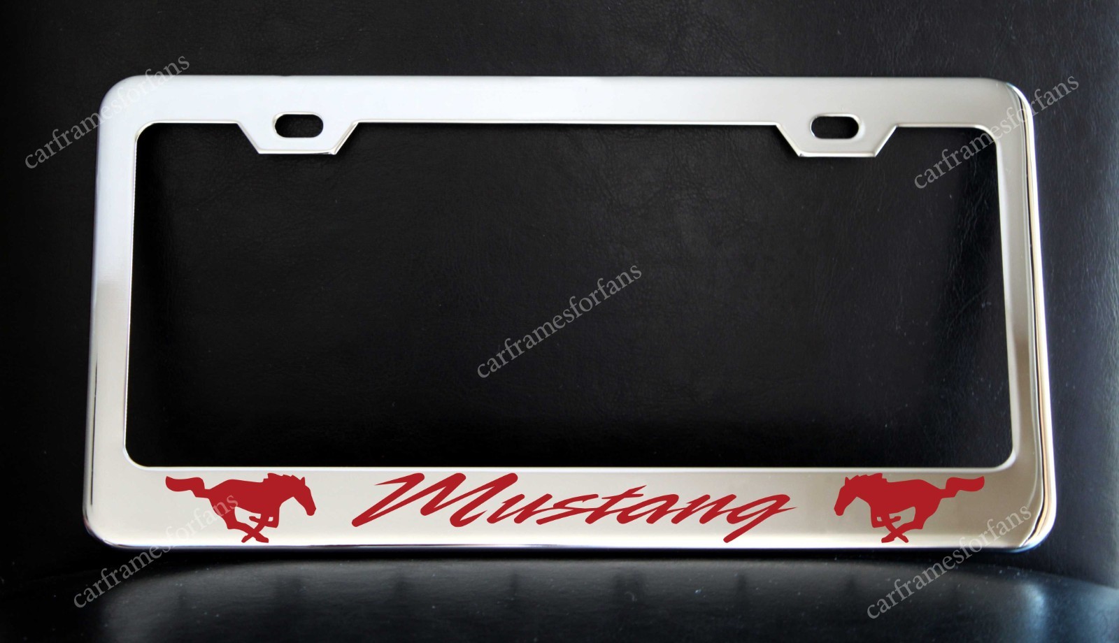 Mustang Red Logo Chrome License Plate Frame Custom Metal Car Tag Holder