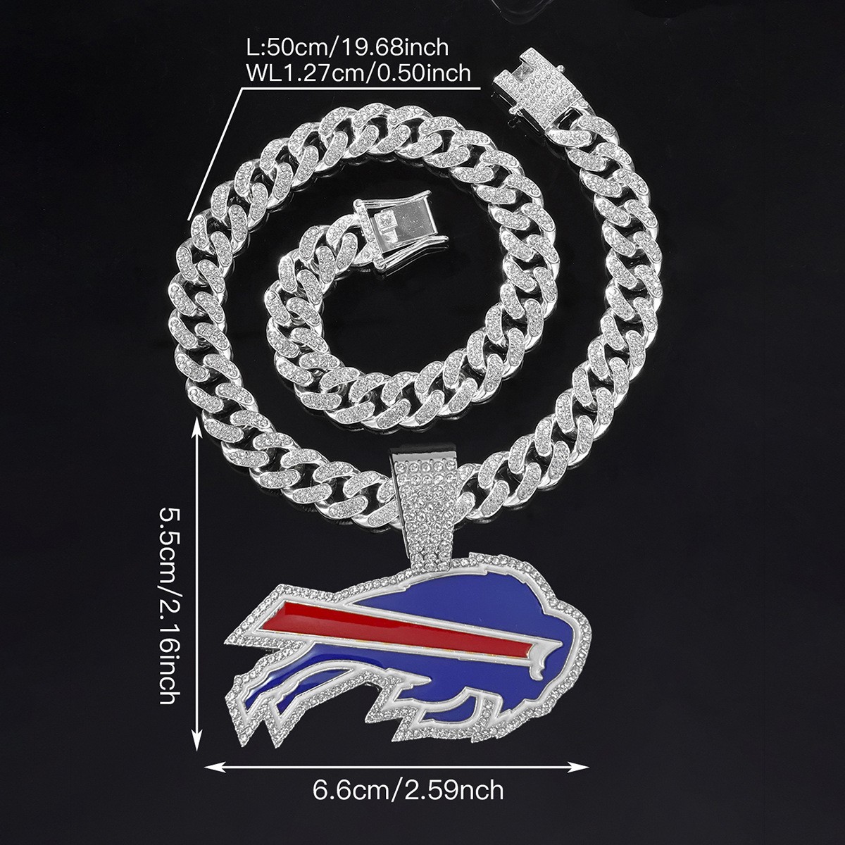 Buffalo Bills Football Bling Necklace Fashion Cubic Zirconia Chain 20" Unisex