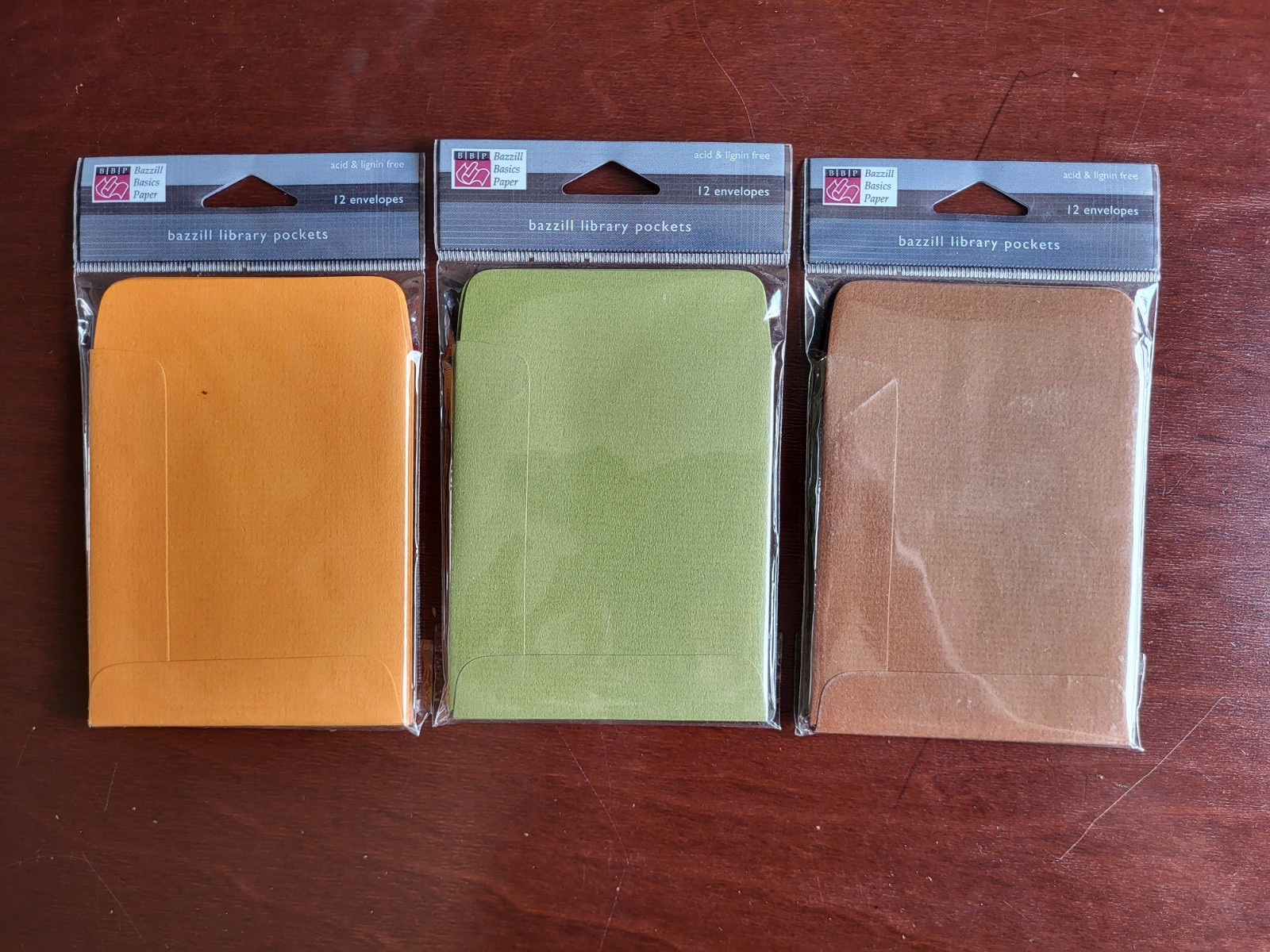 3 Packages Bazzill Library Card Pockets Colorful Small Envelopes - 12 Per Color