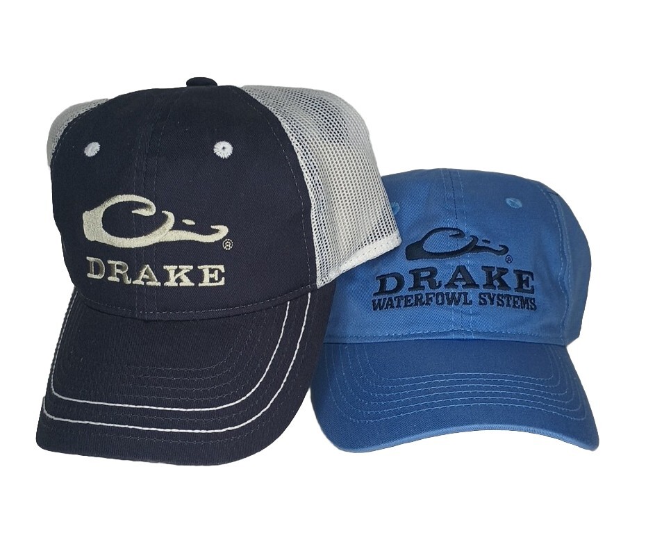2x NEW DRAKE WATERFOWL LOGO CAPS MESH Blue/White & COTTON TWILL LIGHT BLUE