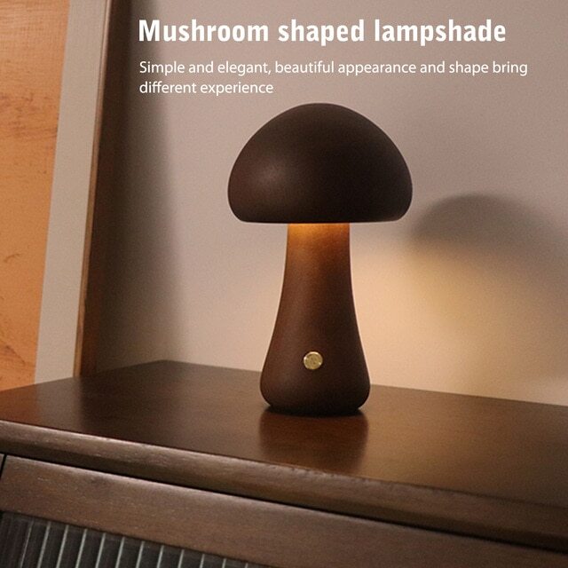 LED Night Light with Touch Switch Wooden Cute Mushroom Light Bedside Table Lamp