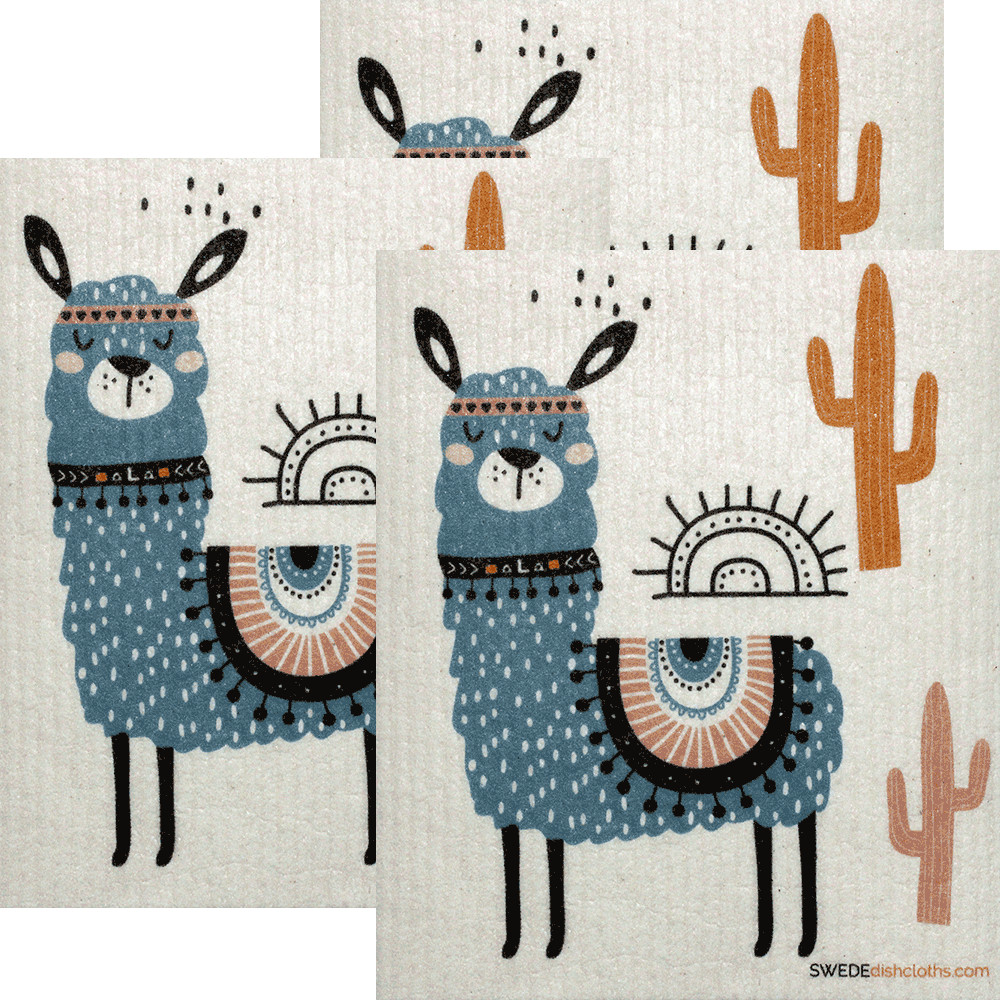 Blue Llama Set of 3 Swedish Dishcloths (One of each design) | ECO Friendly | Reu