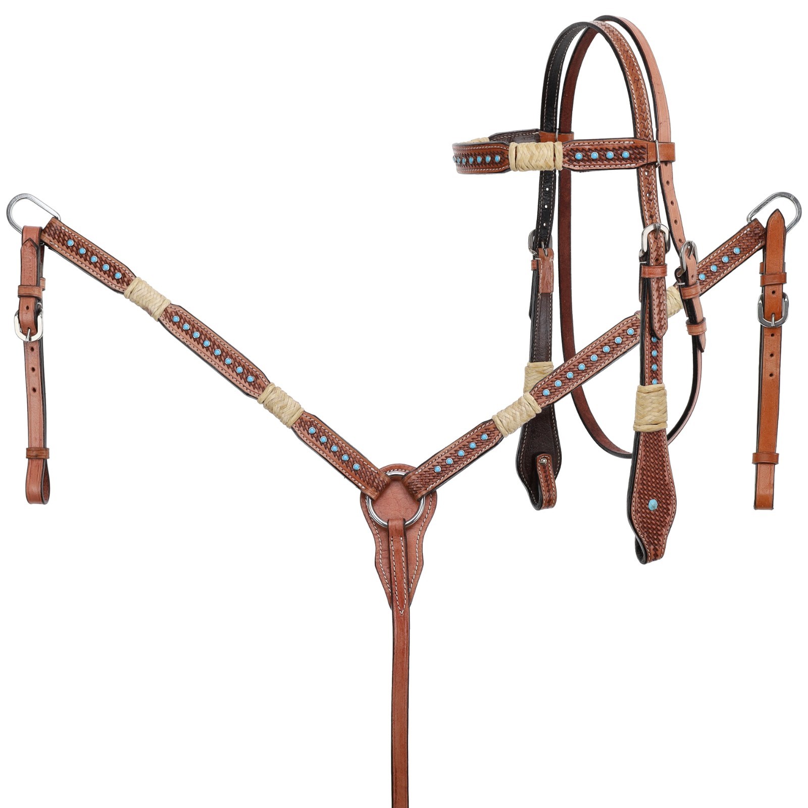 Rawhide Braided with Turquoise Studs Headstall & Breast Collar & Reins NEW
