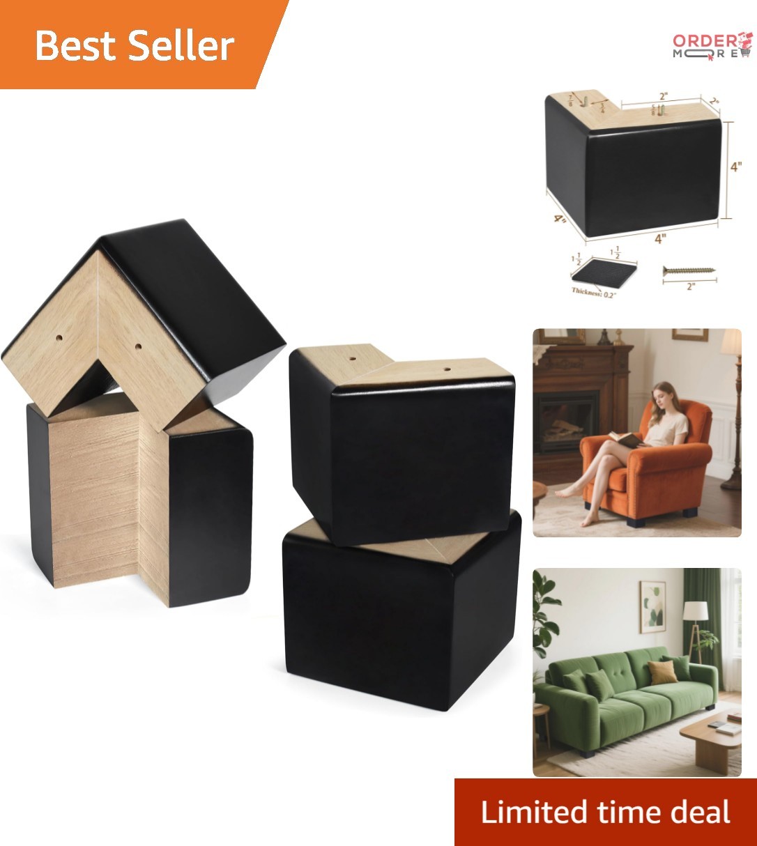 Wood Bed Risers 4 Inch L-Shaped Furniture Risers Pack of 4 for Couch Dresser
