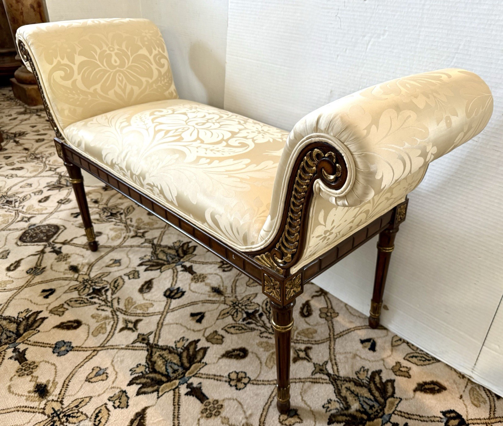 Magnificent Neoclassical Carved Mahogany and Gilt Scroll Arm Window Bench Seat