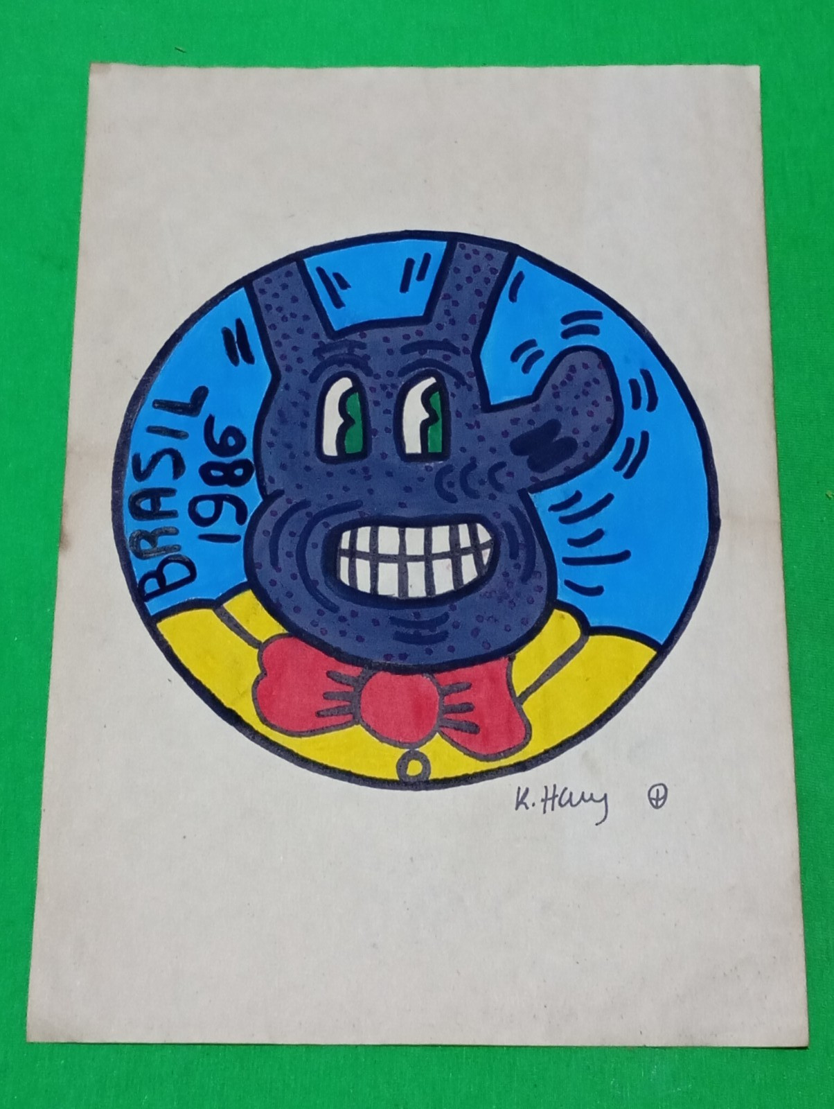 Keith Haring Drawing on paper (Handmade) signed and stamped mixed media.