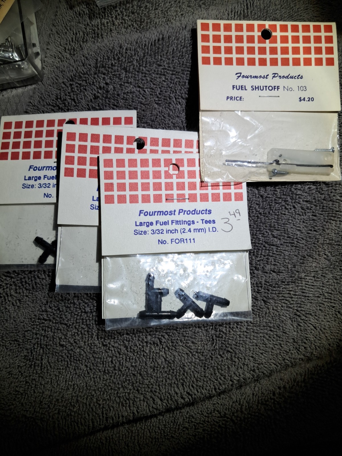 Vintage NOS Fourmost Products RC Airplane Fuel Lot - Shutoff 103 & (3x) Tee...