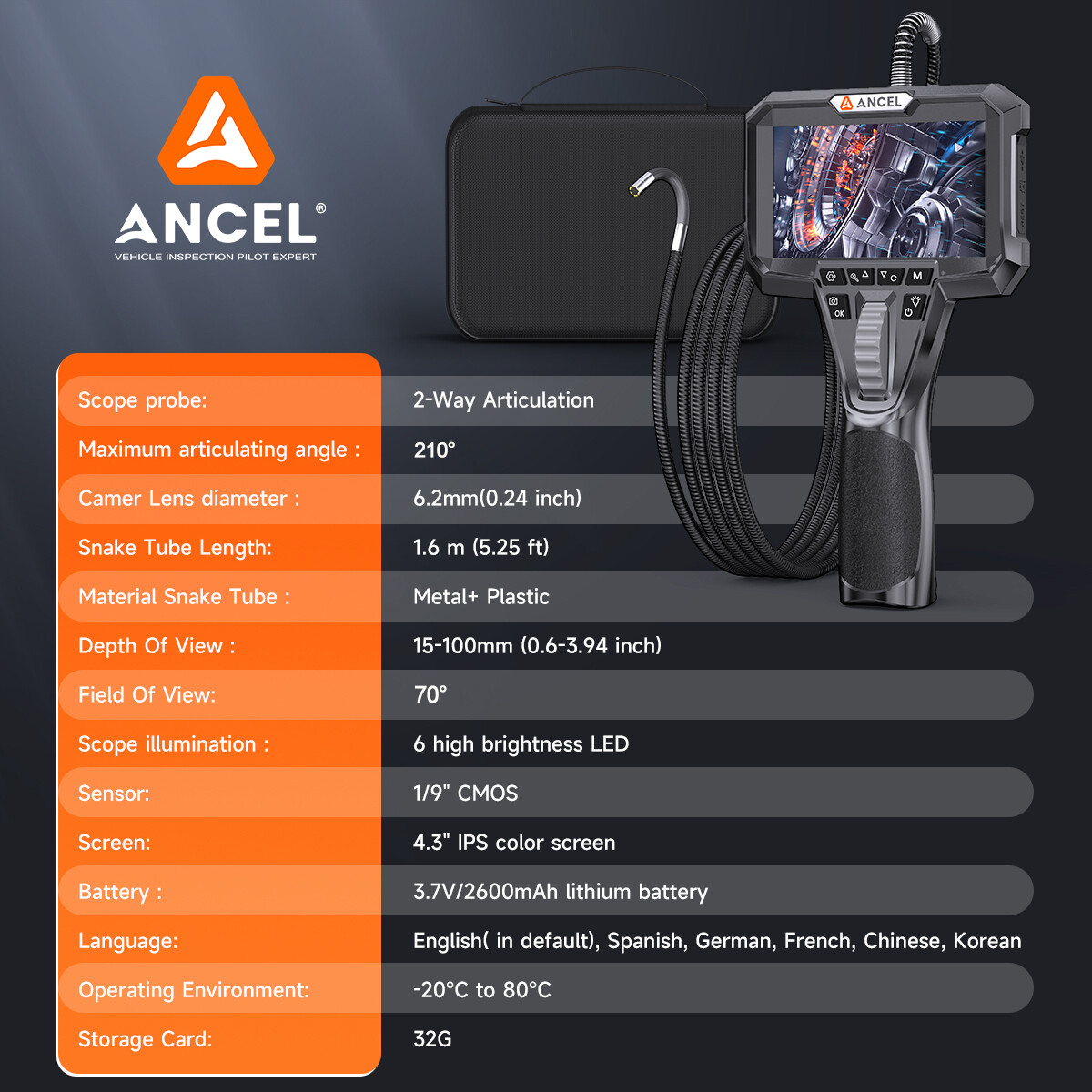ANCEL AN301 4.3'' Industrial Endoscope Camera 2-Way Articulating Borescope Tool