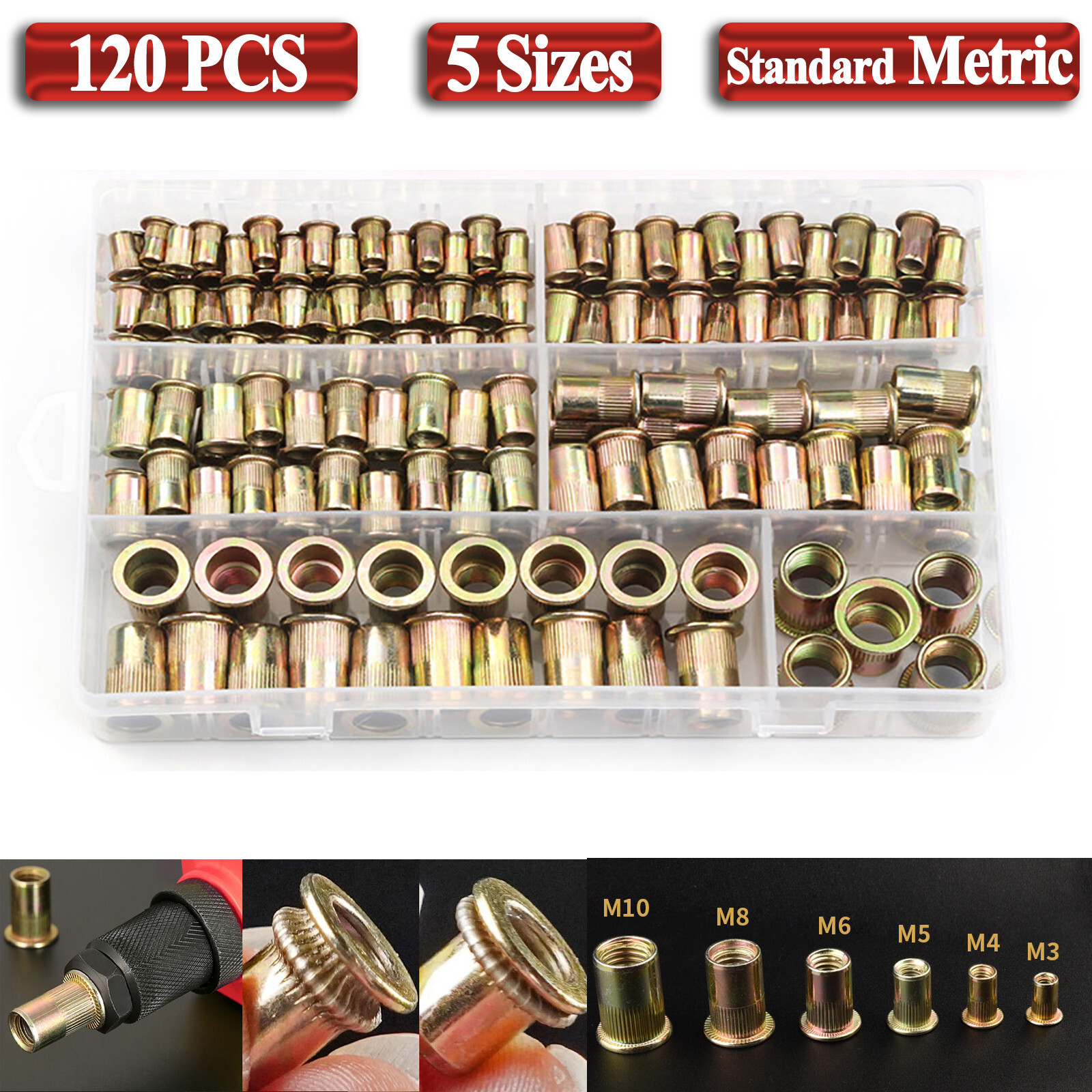 120Pcs M4-M12 Rivet Nut Kit Mixed Zinc Steel Rivnut Insert Nutsert Threaded Set