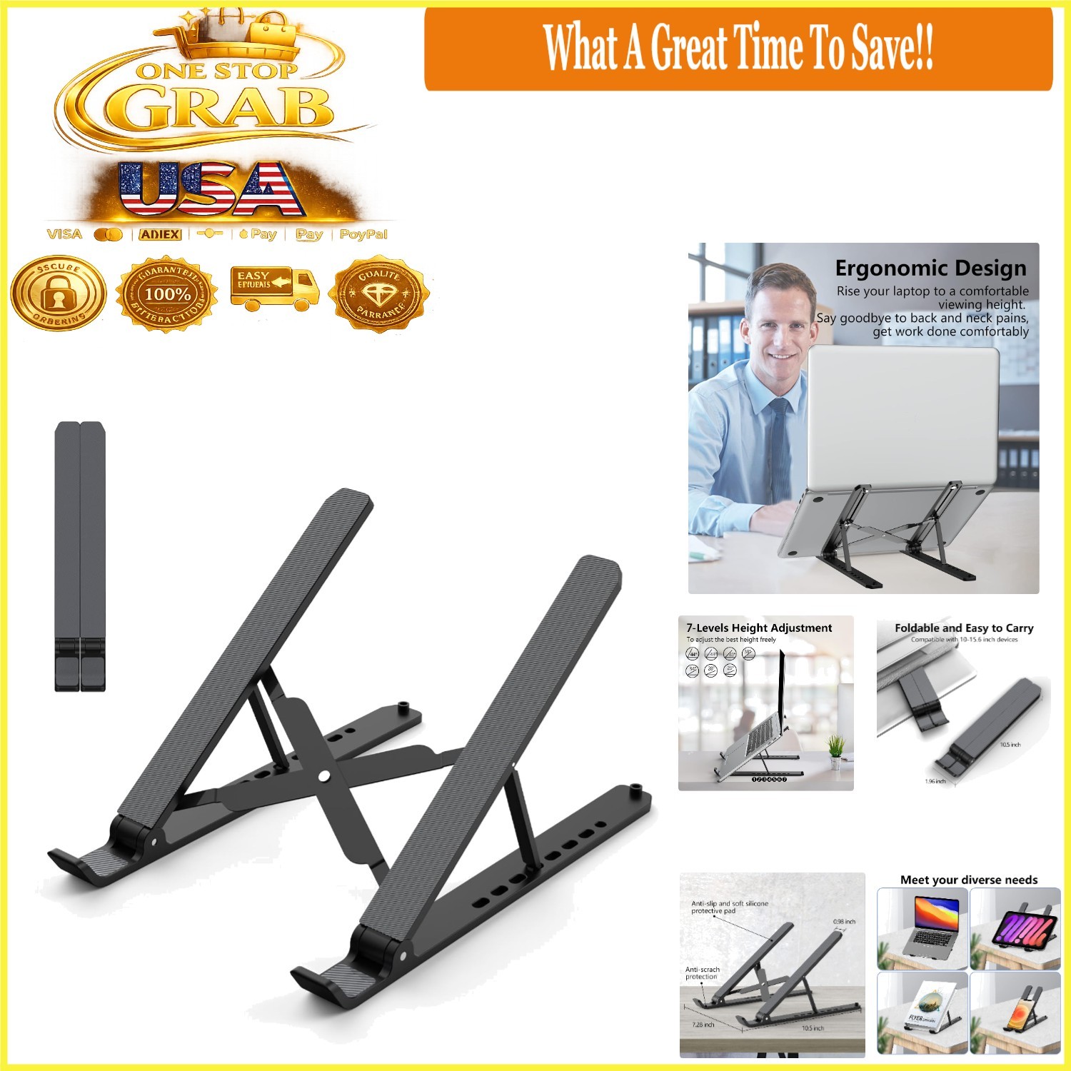 Adjustable Foldable Laptop Stand for 10-15.6 Inches Tablets Black