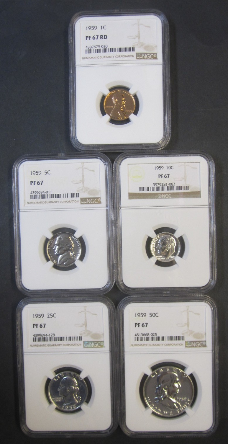 (Set of 5) 1959 NGC Proof-67 Coins ~ 1C/5C/10C/25C/50C ~ Free Shipping