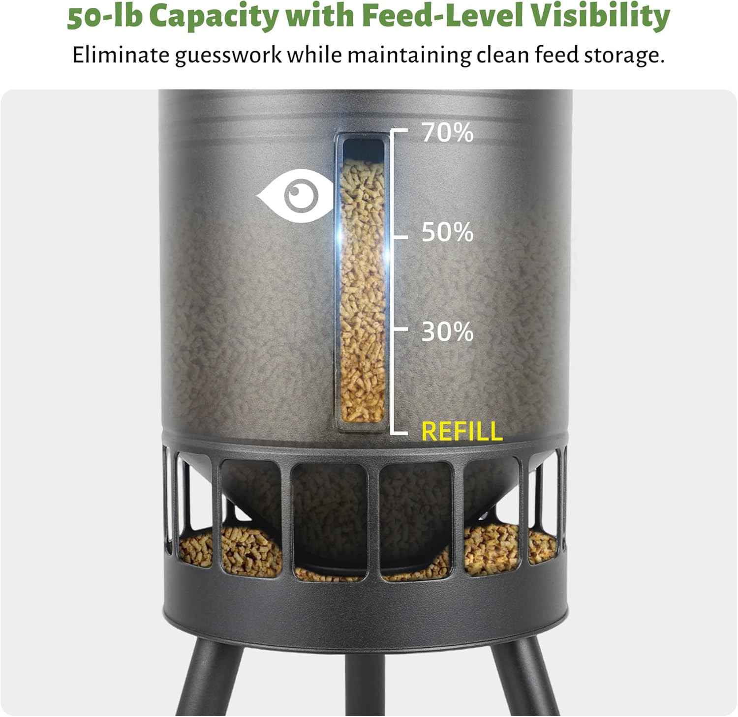 50LB Metal Chicken Feeder - No Waste, No Clog Design with 16 Ports & Smooth Grav