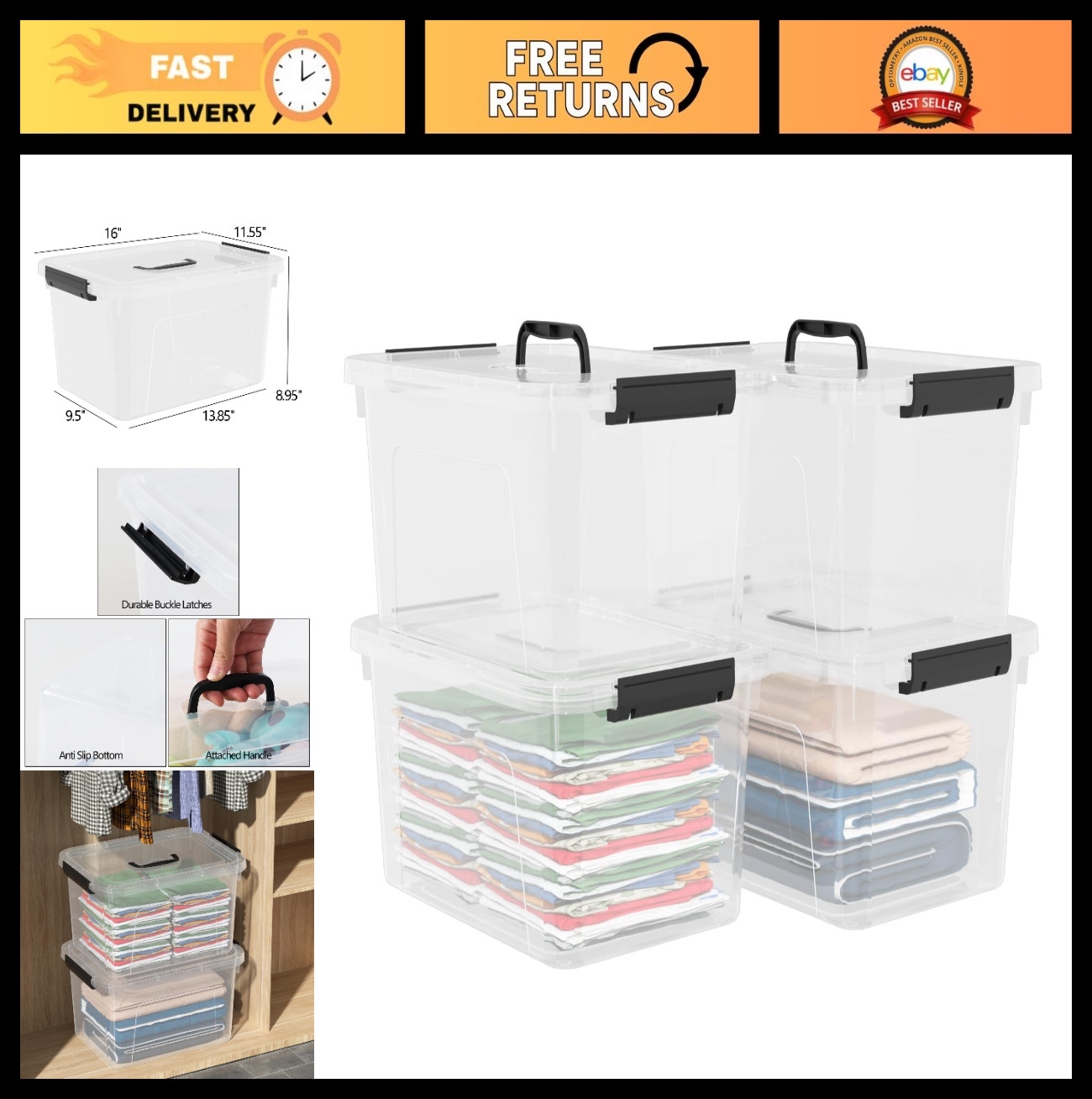 Clear Plastic Storage Bins with Lids - 17.5L Latching Containers, Set of 4