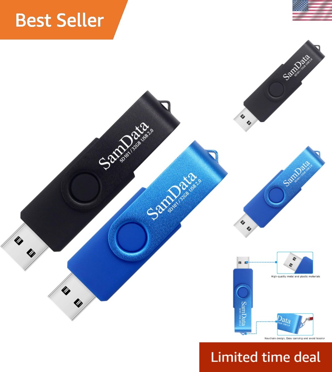 New 2 Pack USB 32GB Blue Black