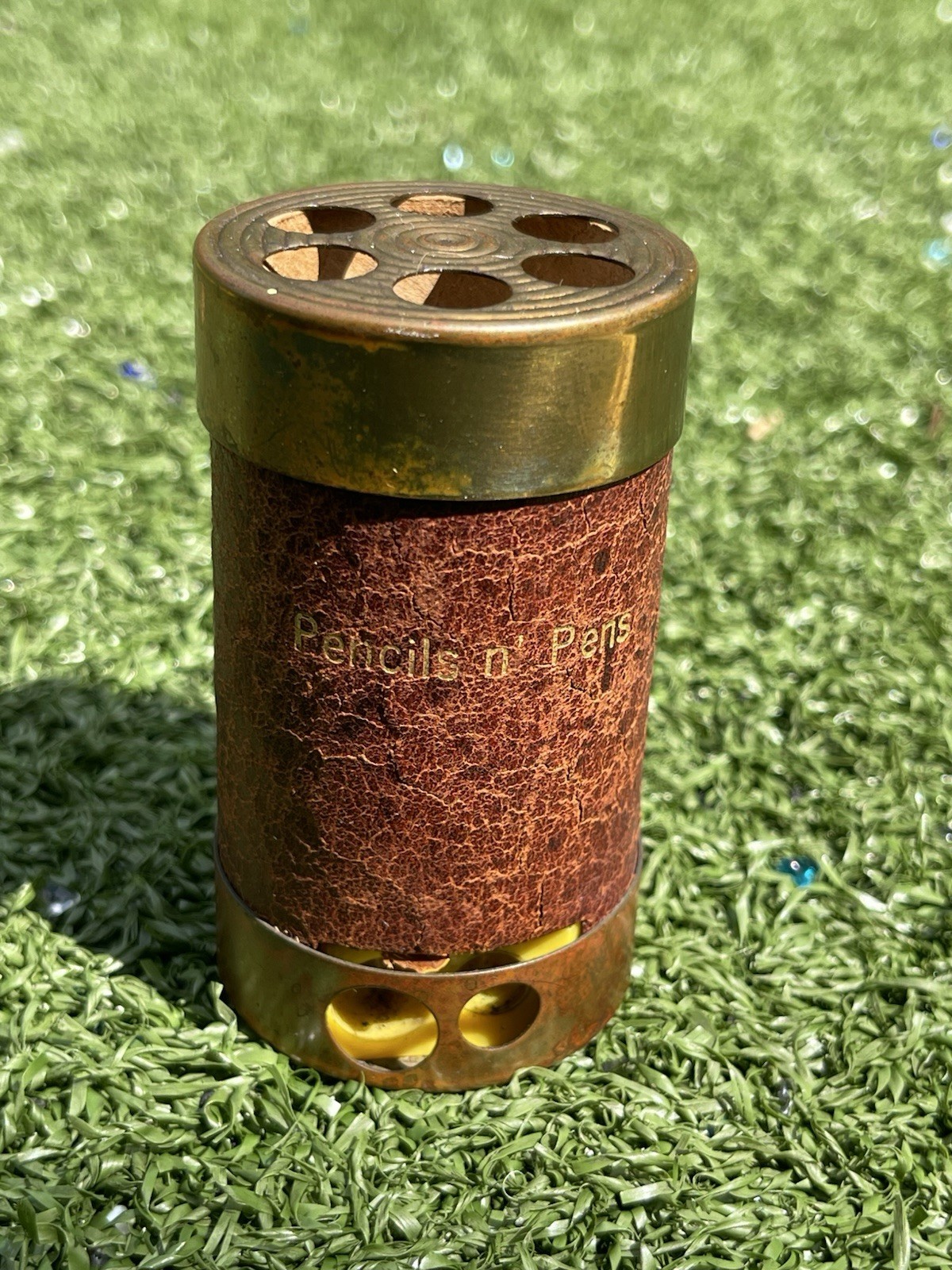Antique Pencil Sharpener with Holder Leather & Brass “Pencils n’ Pens” 3.75”