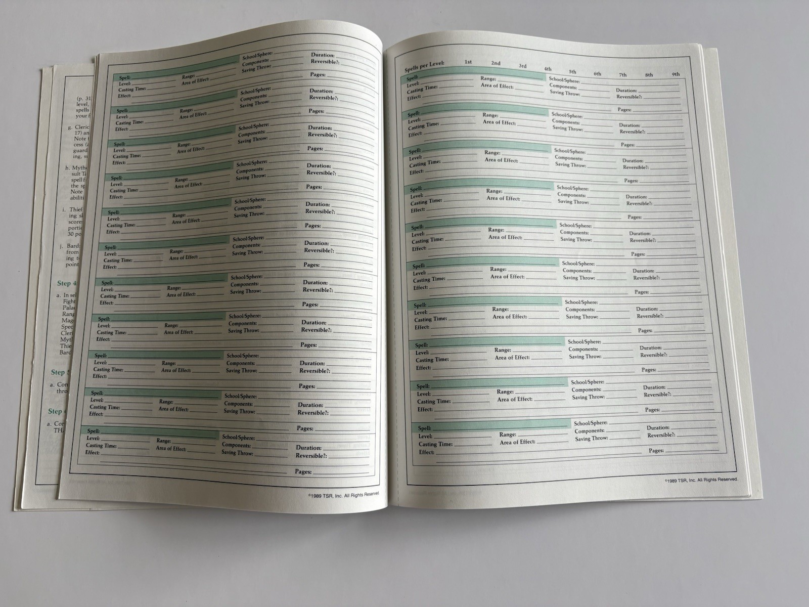 Advanced Dungeons and Dragons Character Record Sheets TSR 1989