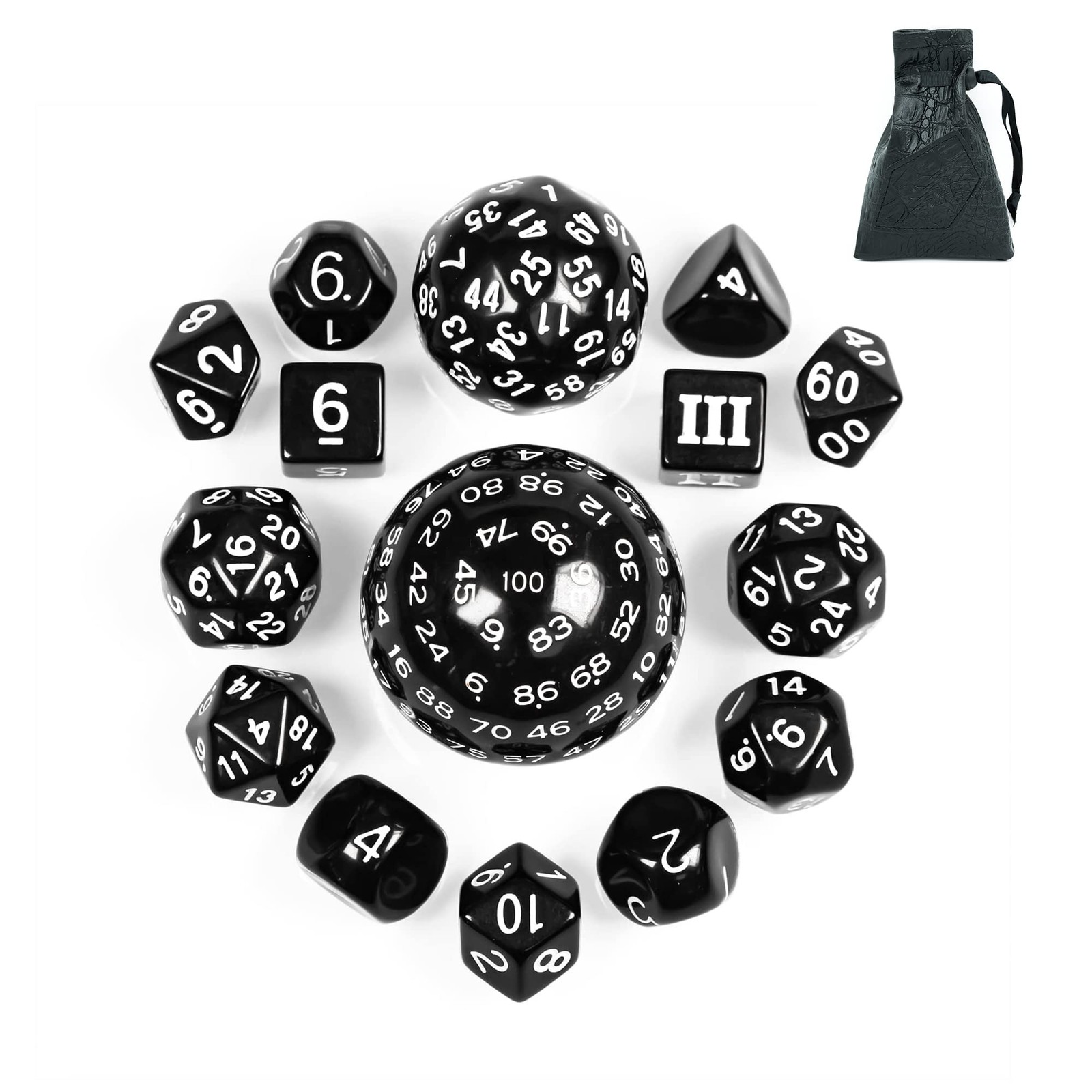 15 Pieces Complete Polyhedral DND Dice Set D3-D100 Spherical D&D Dice Set