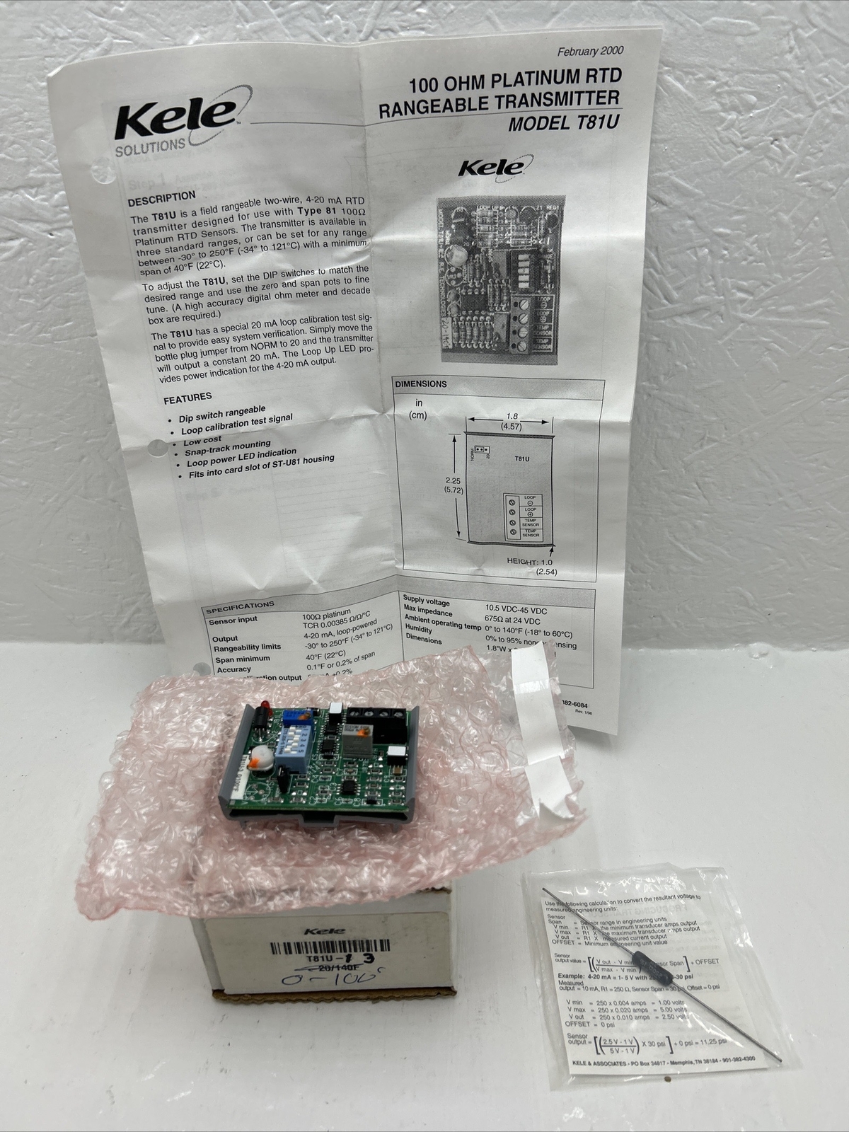 Kele T81U-3, Platinum Rtd Rangeable Transmitter