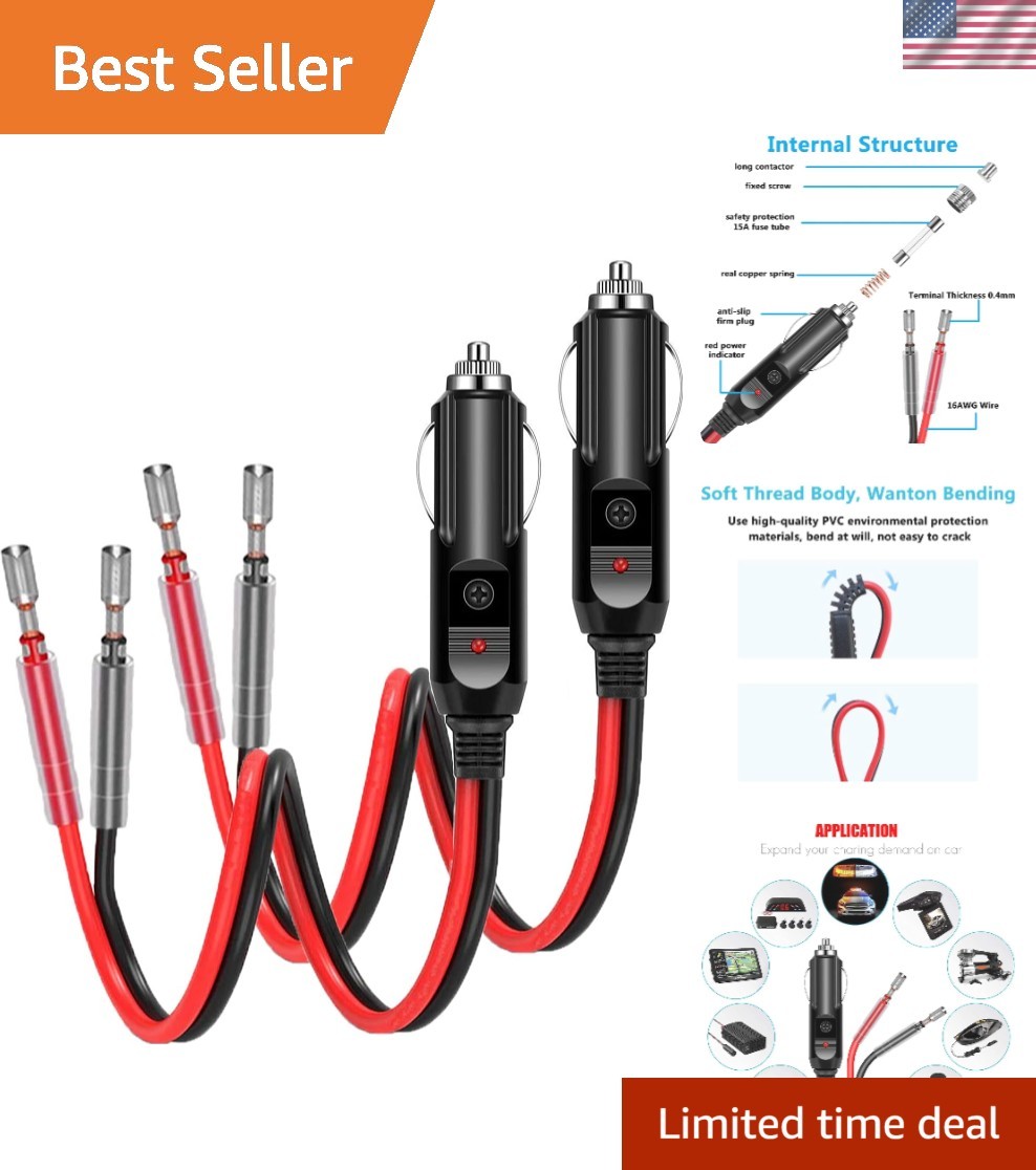 2 Pack 12V Fused Cigarette Lighter Male Plug with LED Light & Heavy Duty Leads