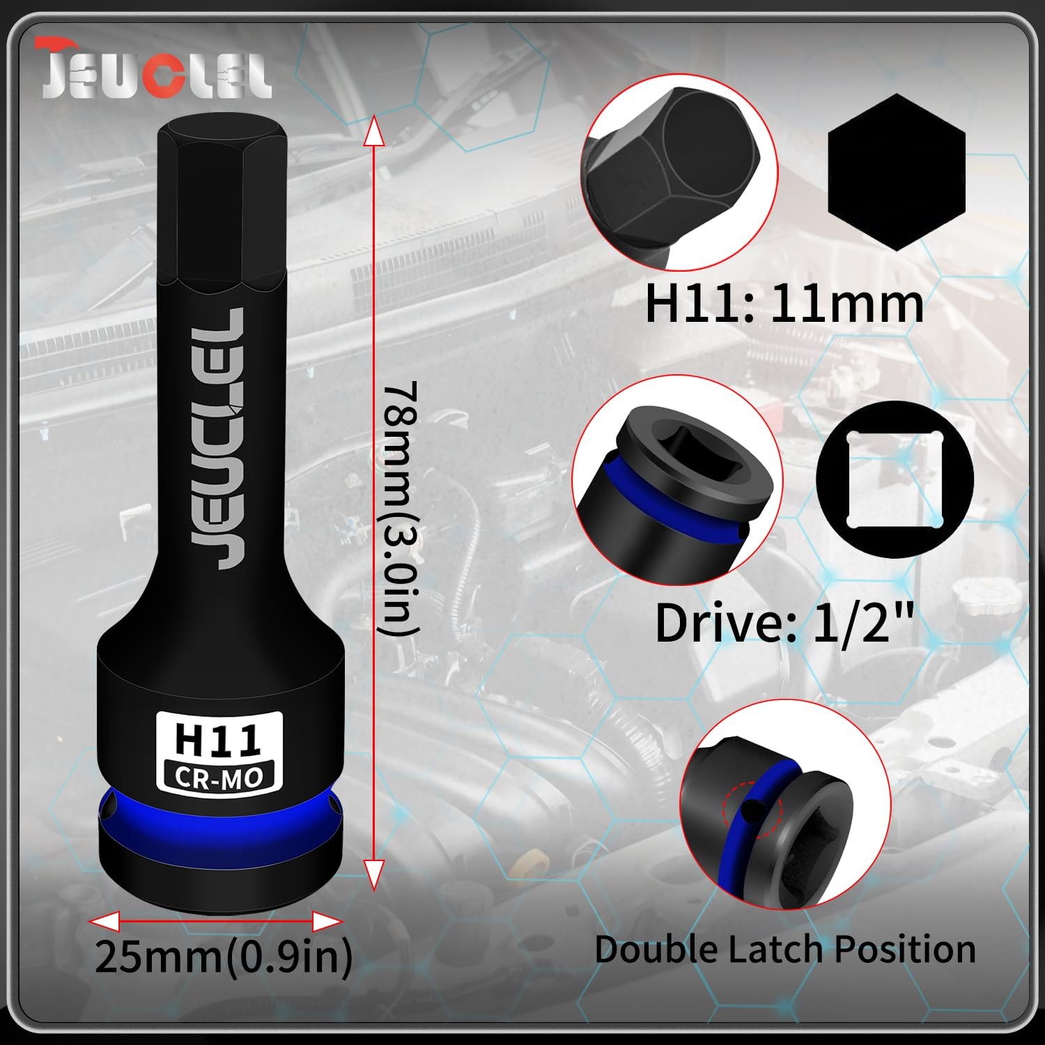 JEUCLEL 11mm Hex Impact Bit Socket, H11 1/2-Inch Drive 1PC | 11MM
