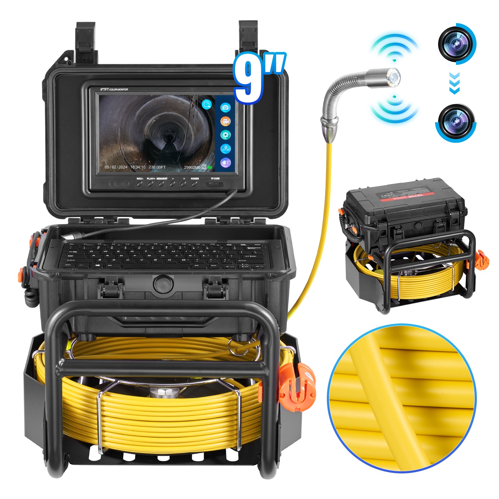 Uimoso 9" Sewer Camera 230ft/70m Self-Leveling Drain Camera w/ 512Hz Transmitter