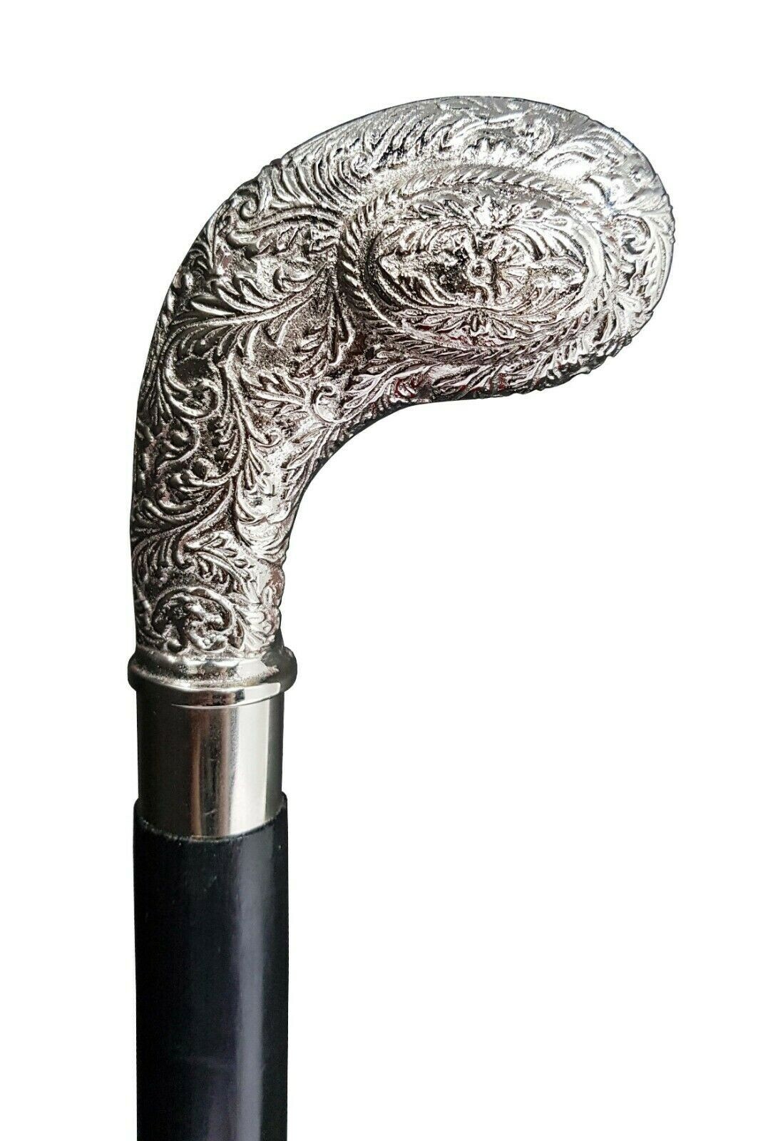 Sterling Silver Brass Engraved Head Handle Wooden Handmade Walking Stick Cane