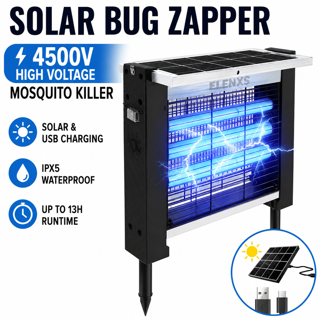 Solar Bug Zapper Outdoor 4500V Mosquito Killer USB Rechargeable Waterproof
