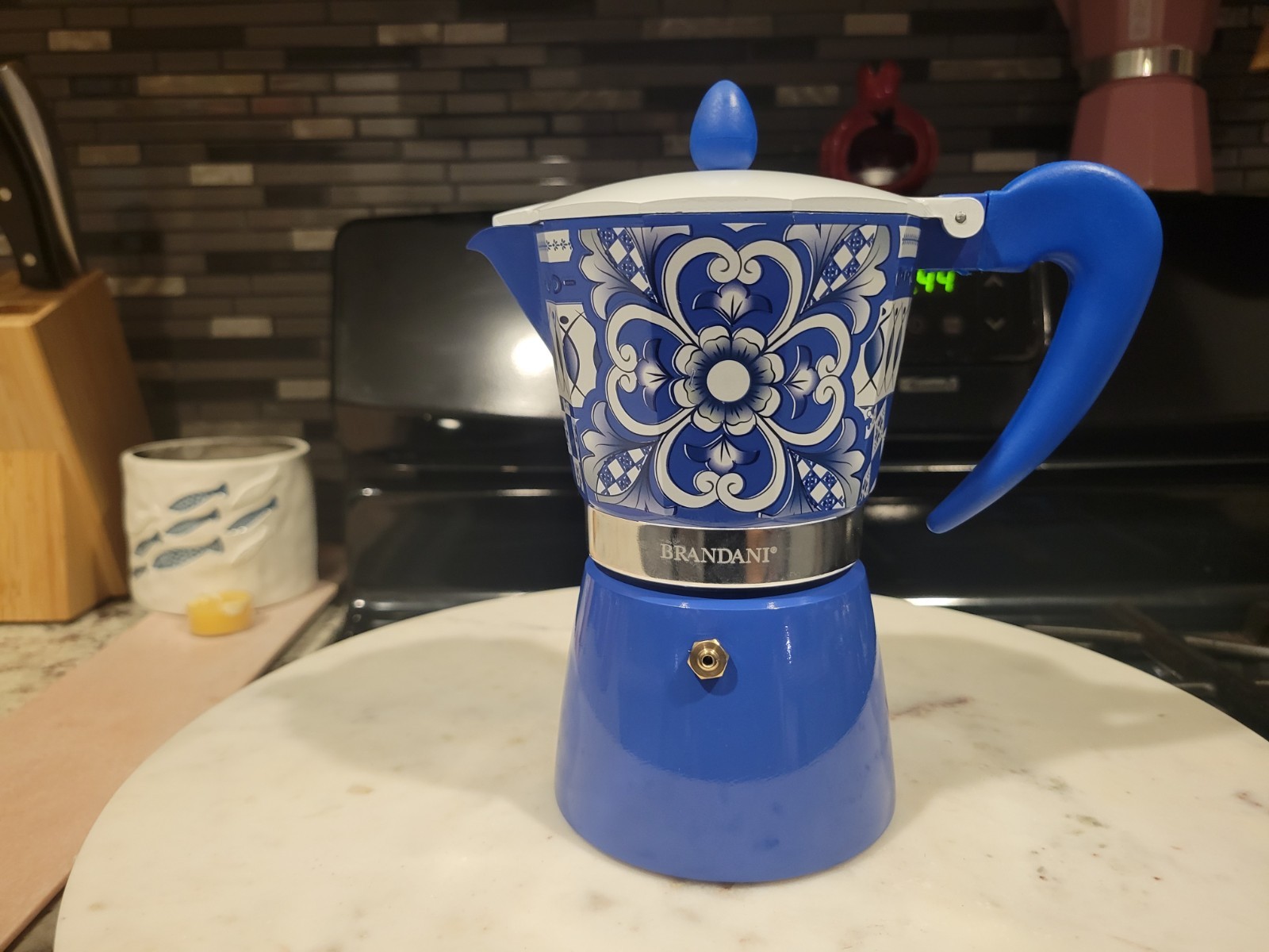 Brandani Italian Blue Coffee Maker Moka Pot Stovetop Aluminum 6 Cup NEW