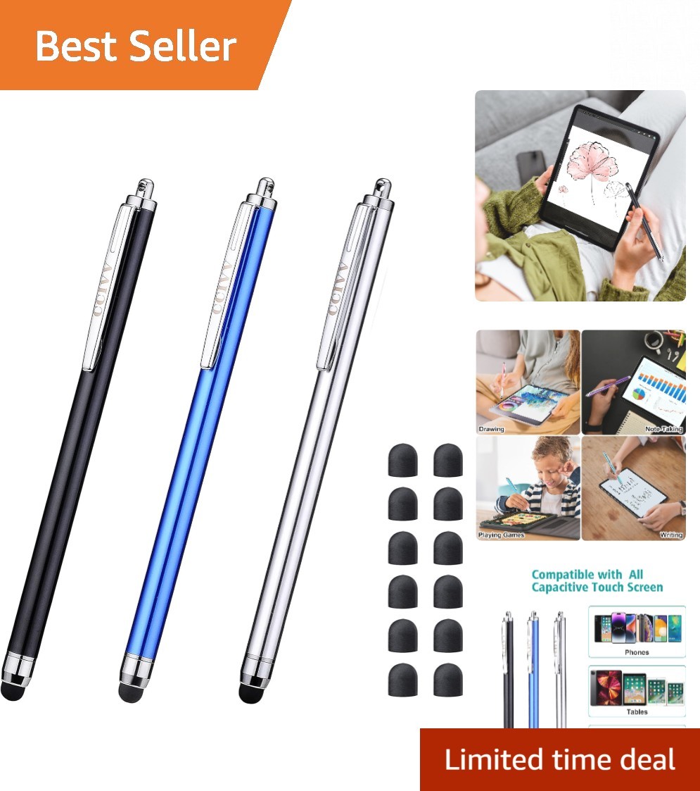 Stylus Pen Trio: 0.24 Inch Soft Rubber Tip & 12 Extra Tips - Black/Silver/Blue