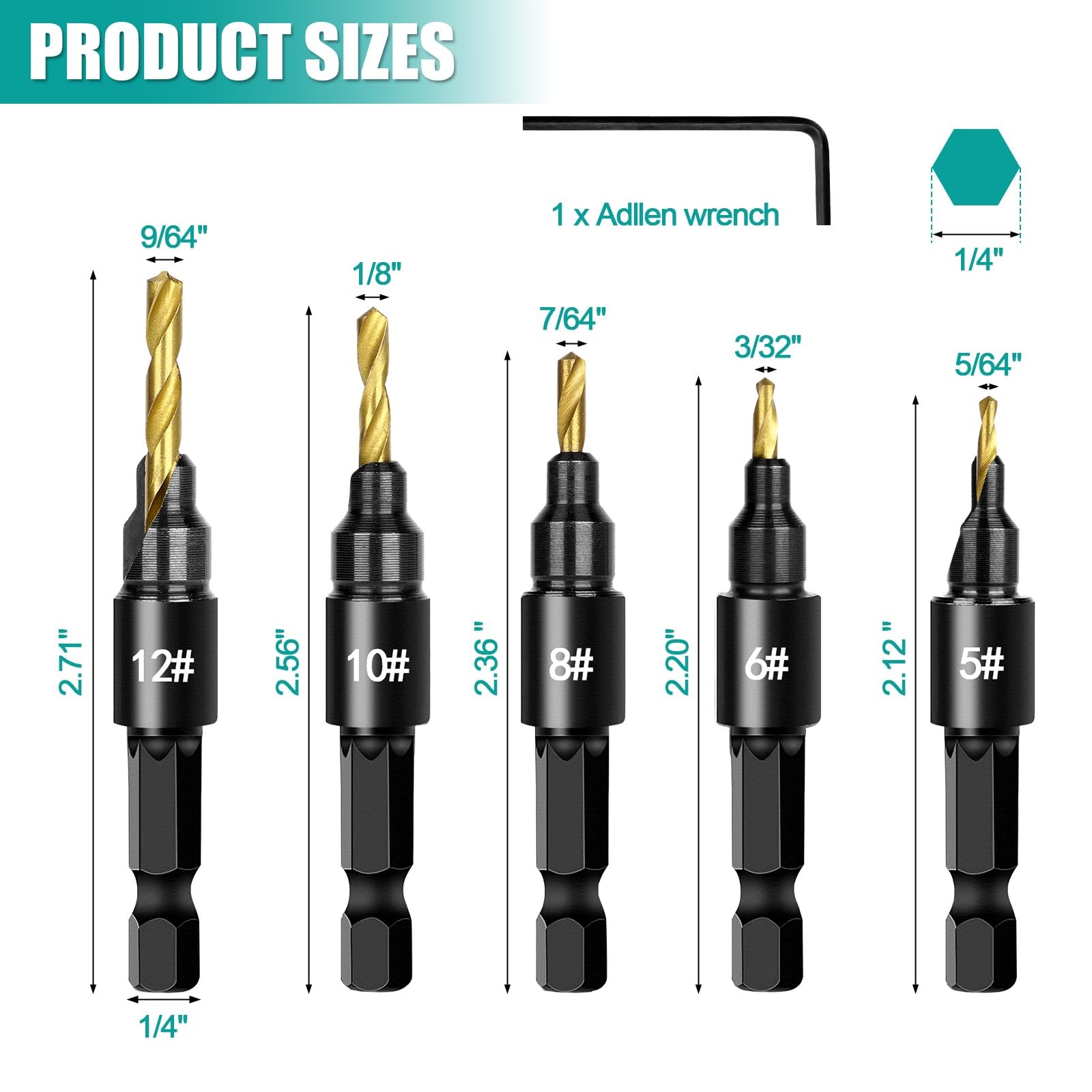 Countersink Drill Bit Set 5 PCS Adjustable Wooden Drill Bit with Depth Stop
