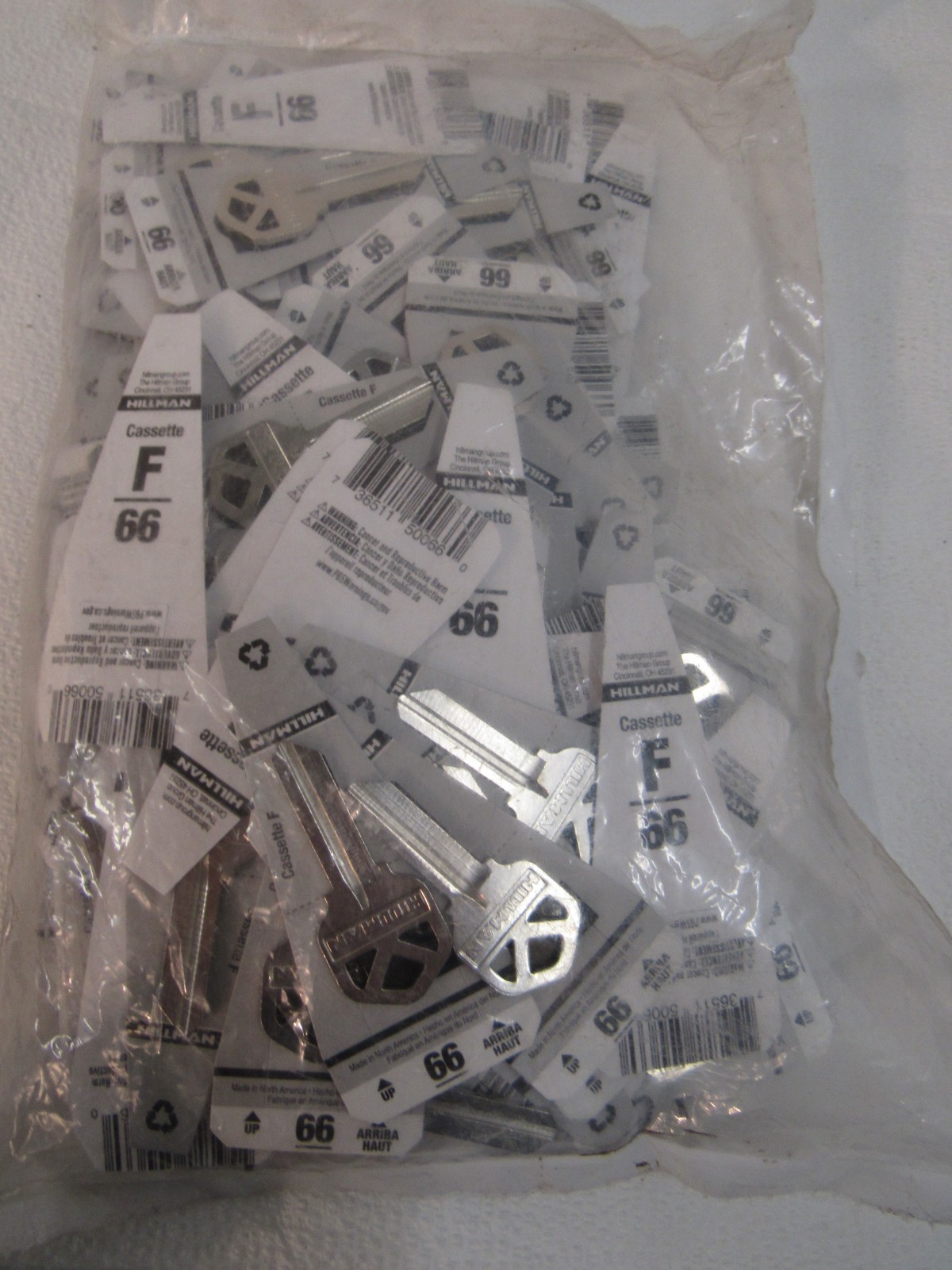 Bag of 120 #66 Hillman Cassette F Key Blanks Carded Single Sided Silver 88250