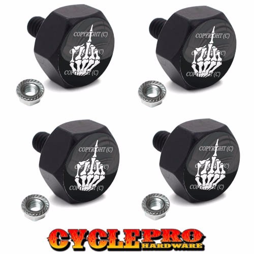 4 Black Hex Billet Alum Motorcycle License Plate Frame Tag Bolts SKULL FINGER FU