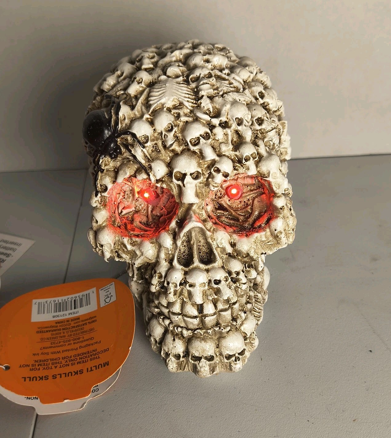 Halloween Resin Skull Sculpture Prop Decor W Glowing Red Eyes Spooky Gothic 5" H
