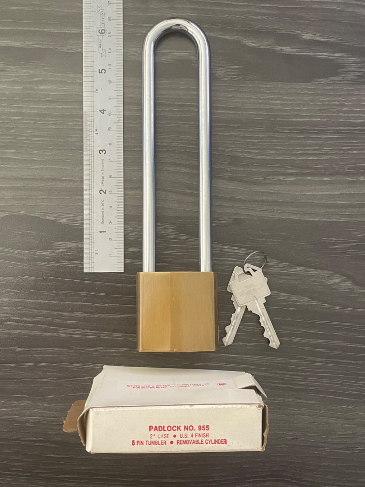 Weiser Lock / Falcon Lock 955-6P Padlock, Solid Brass Body, 6" Shackle, NOS