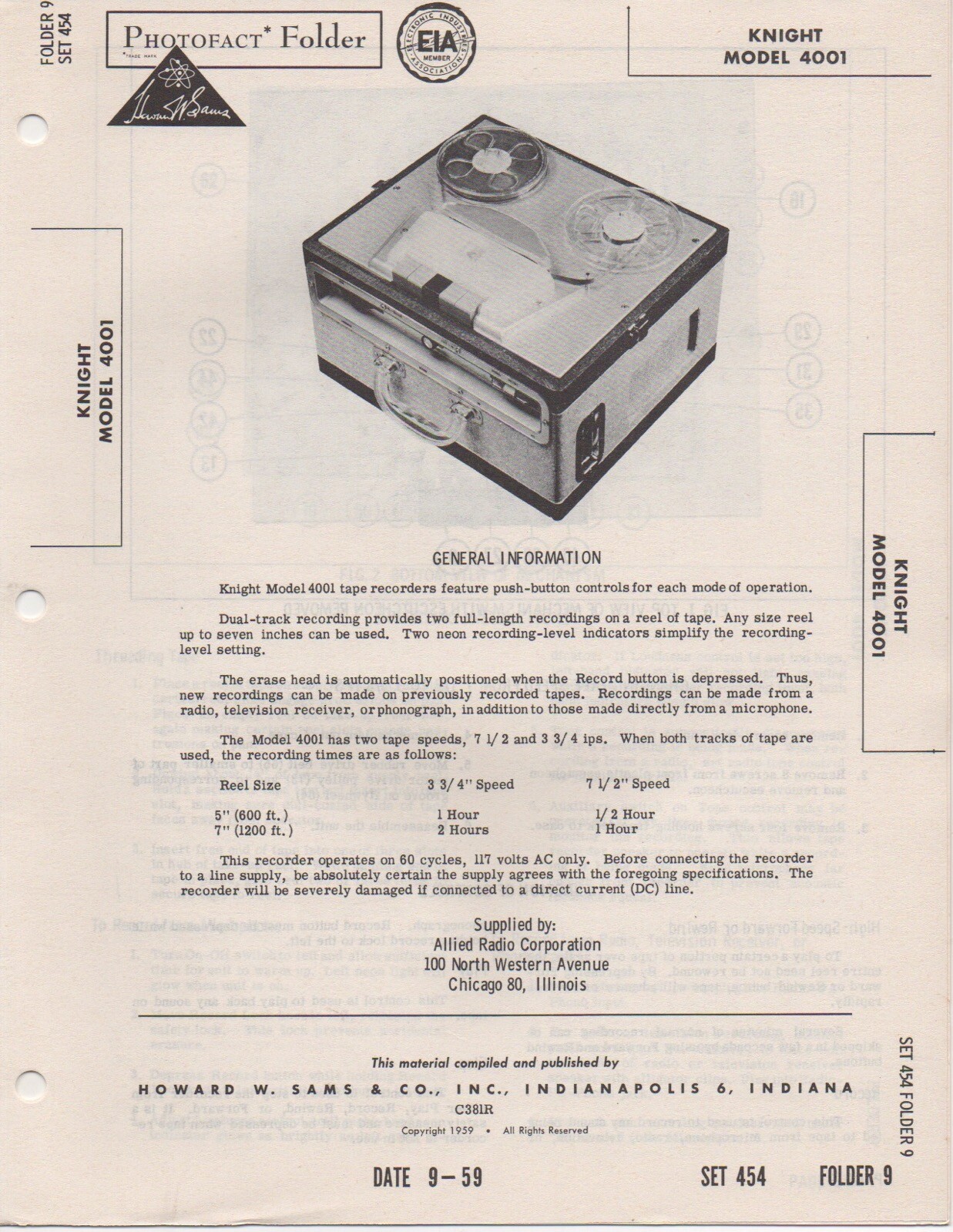 1959 KNIGHT 4001 REEL TO REEL TAPE RECORDER PLAYER SERVICE MANUAL SCHEMATIC FIX