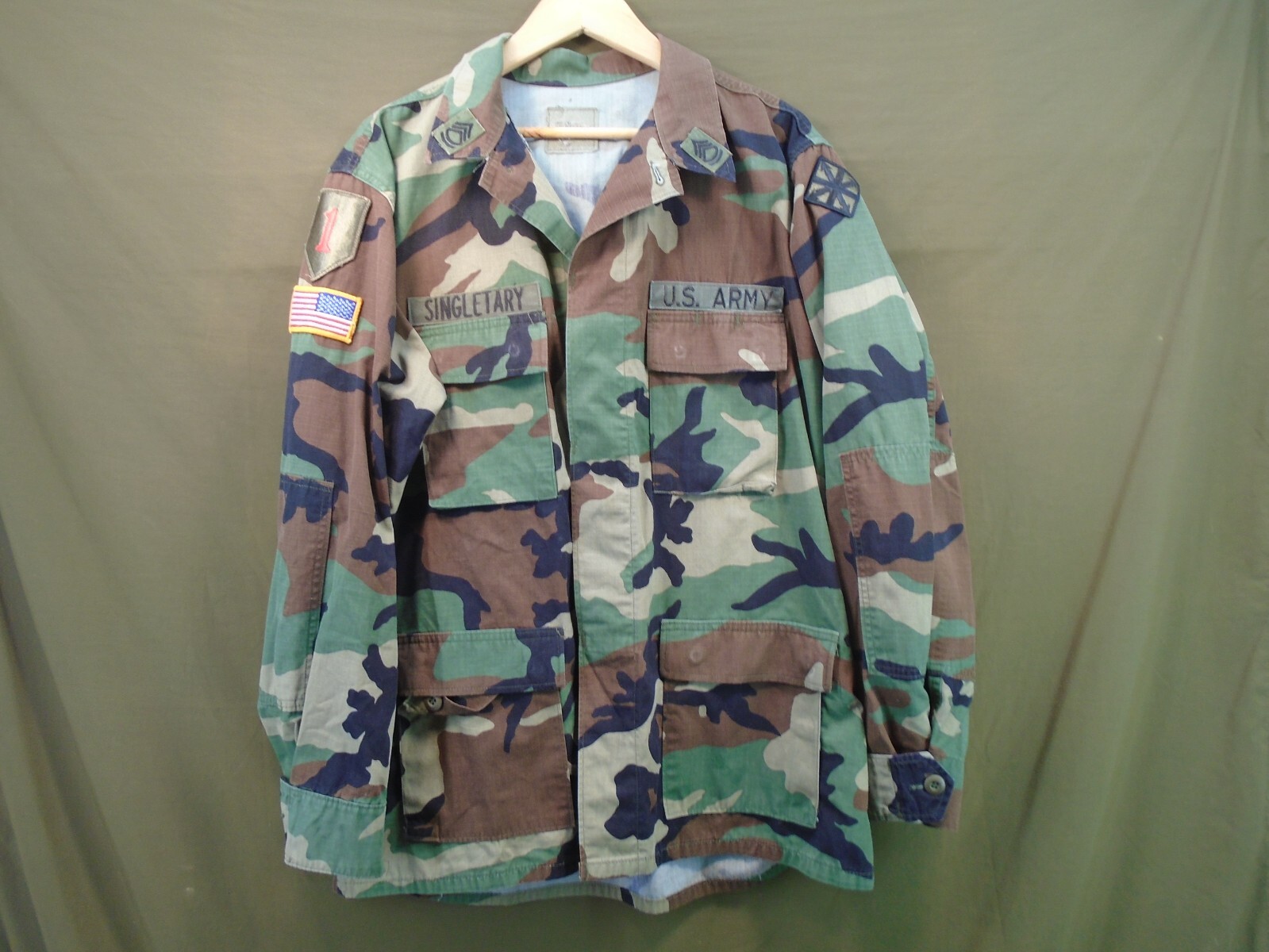 US Military Army BDU Camouflage Coat Size Large Long 1st Infantry Singletary 5-I