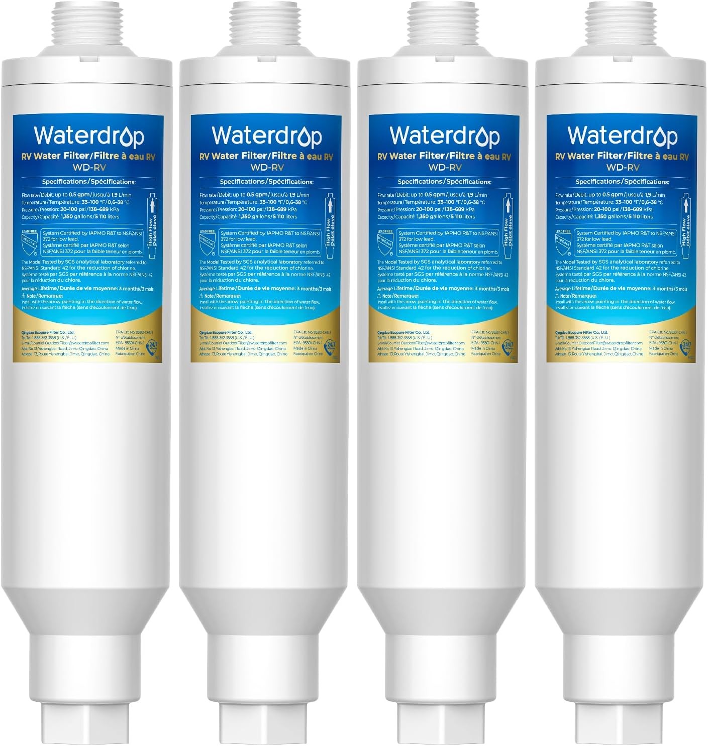 Waterdrop RV/Marine Water Filter, Camper Water Filter, NSF Certified, 4 Pack