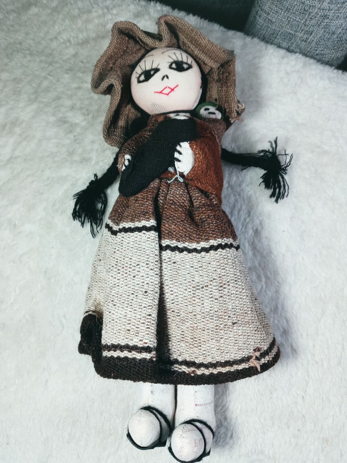Peruvian Handmade Doll Made From Vintage Clothing In Peru 13" Carrying 2 Babies