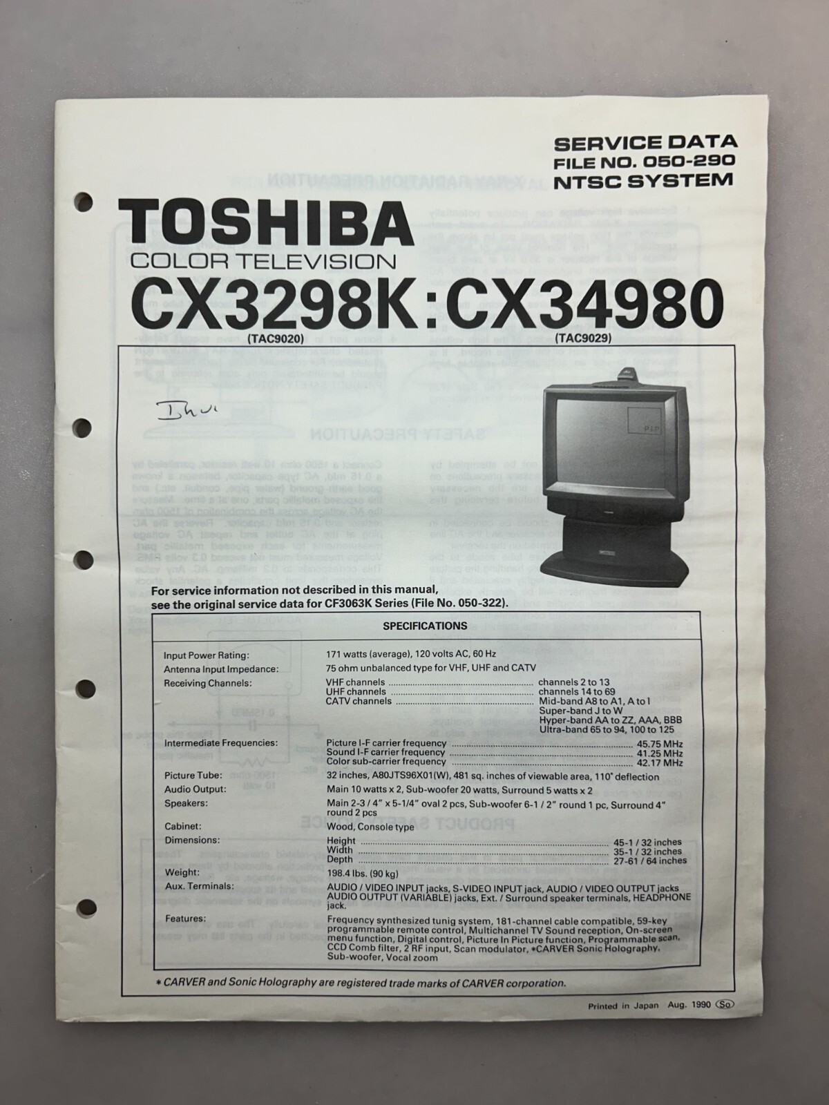 Toshiba CX3298K CX34980 Original Service Manual Free Shipping