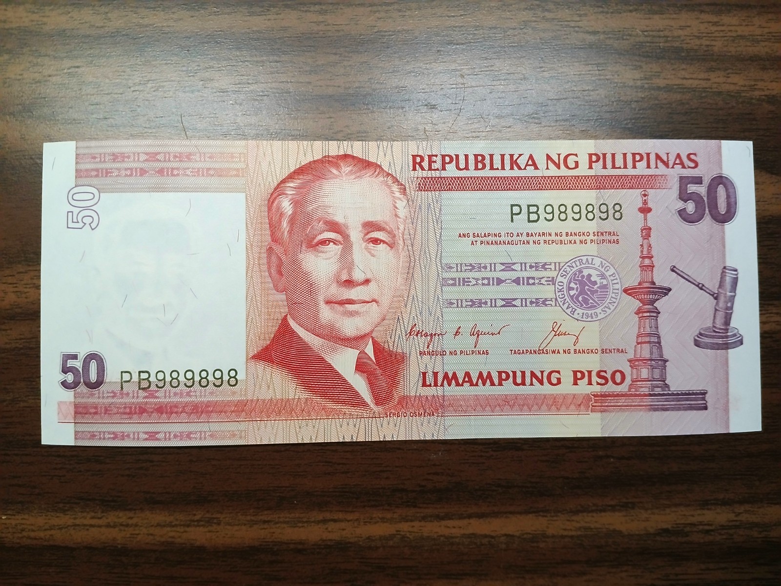 Philippines 50 Piso Fancy Serial PB989898 – Repeater Pattern – Choice Uncirculat