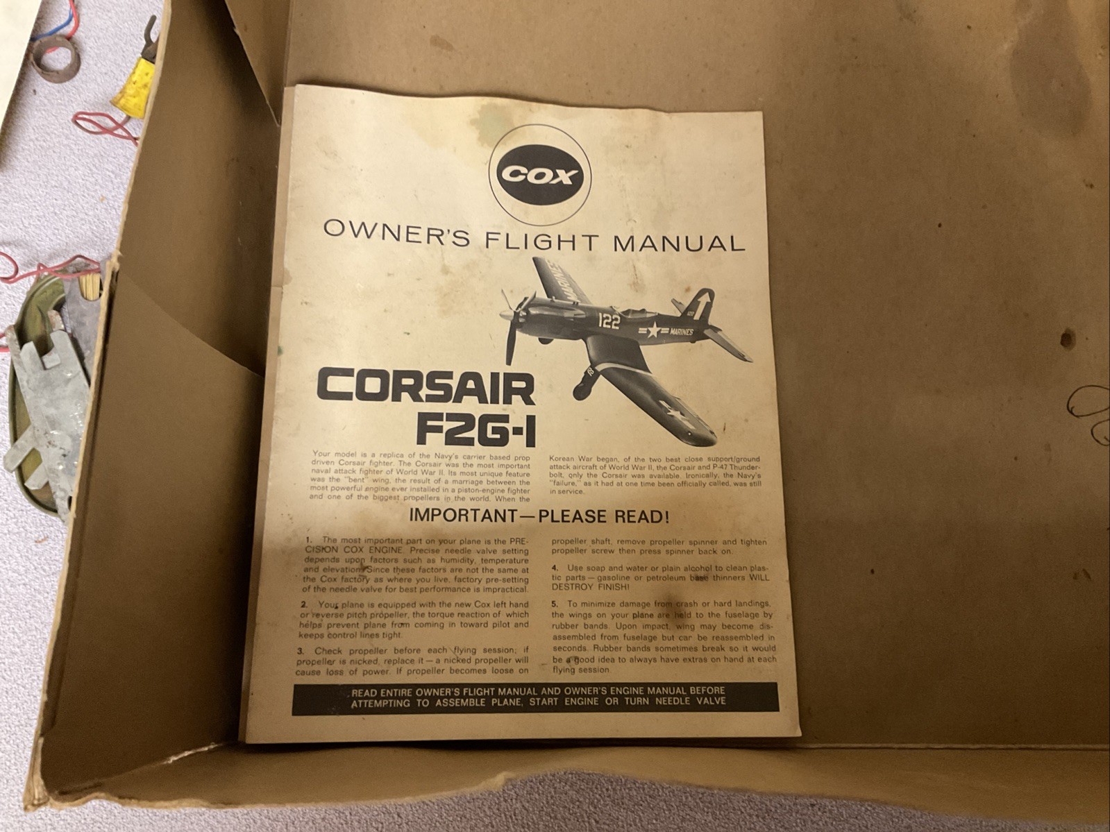 COX Corsair F2G1Control Line .049 Engine In Box Used Untested