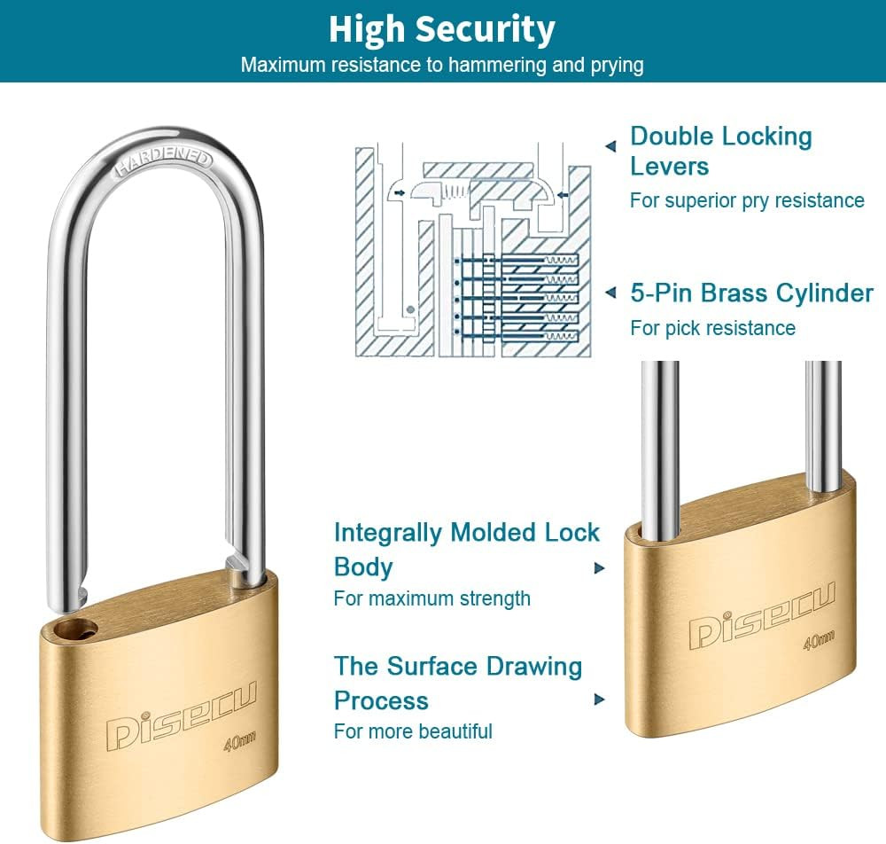 Solid Brass Padlocks 2Pk Keyed Alike Long Shackle Waterproof Outdoor 40Mm
