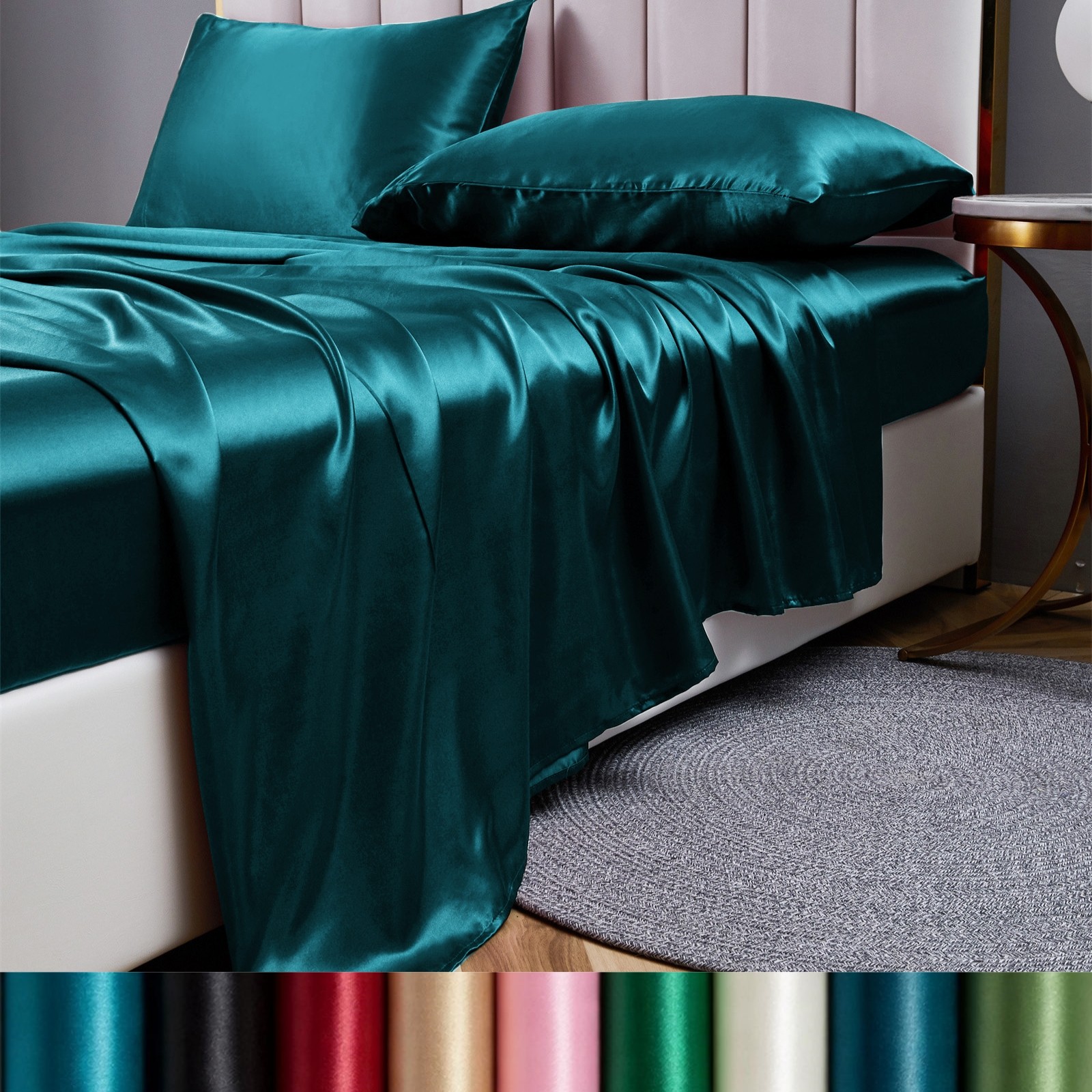 4Pcs Satin Sheet Set with Deep Pocket Luxury Silk Feel Sheets Full Queen King