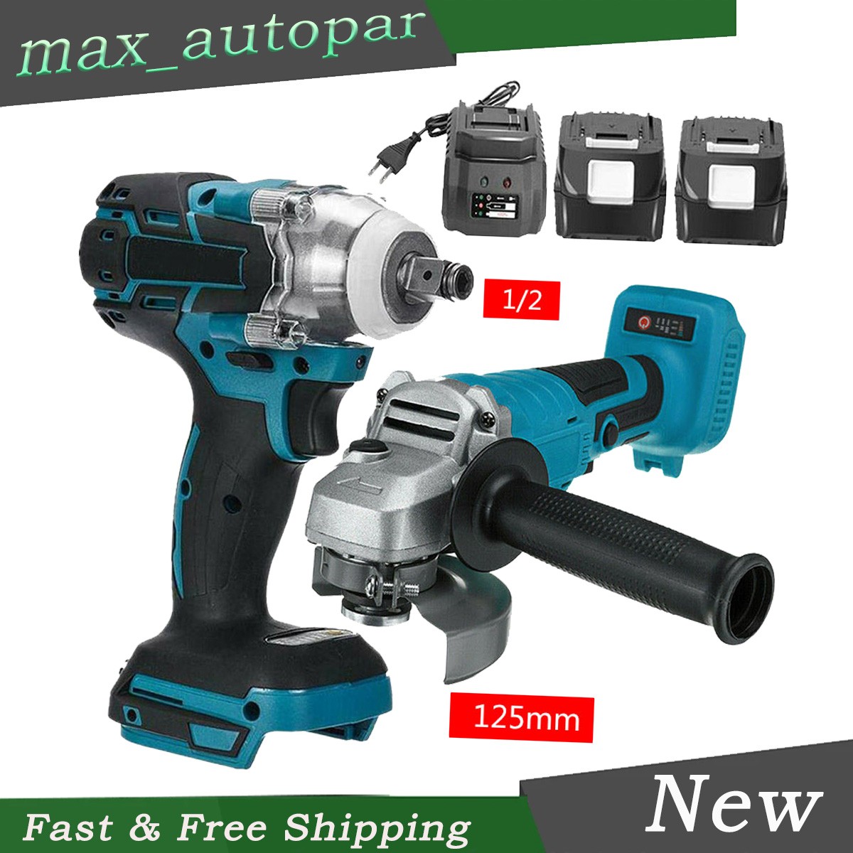 For Makita 18V Tools Combo Kit 1/2" Impact Wrench 125 mm Angle Grinder+2 Battery