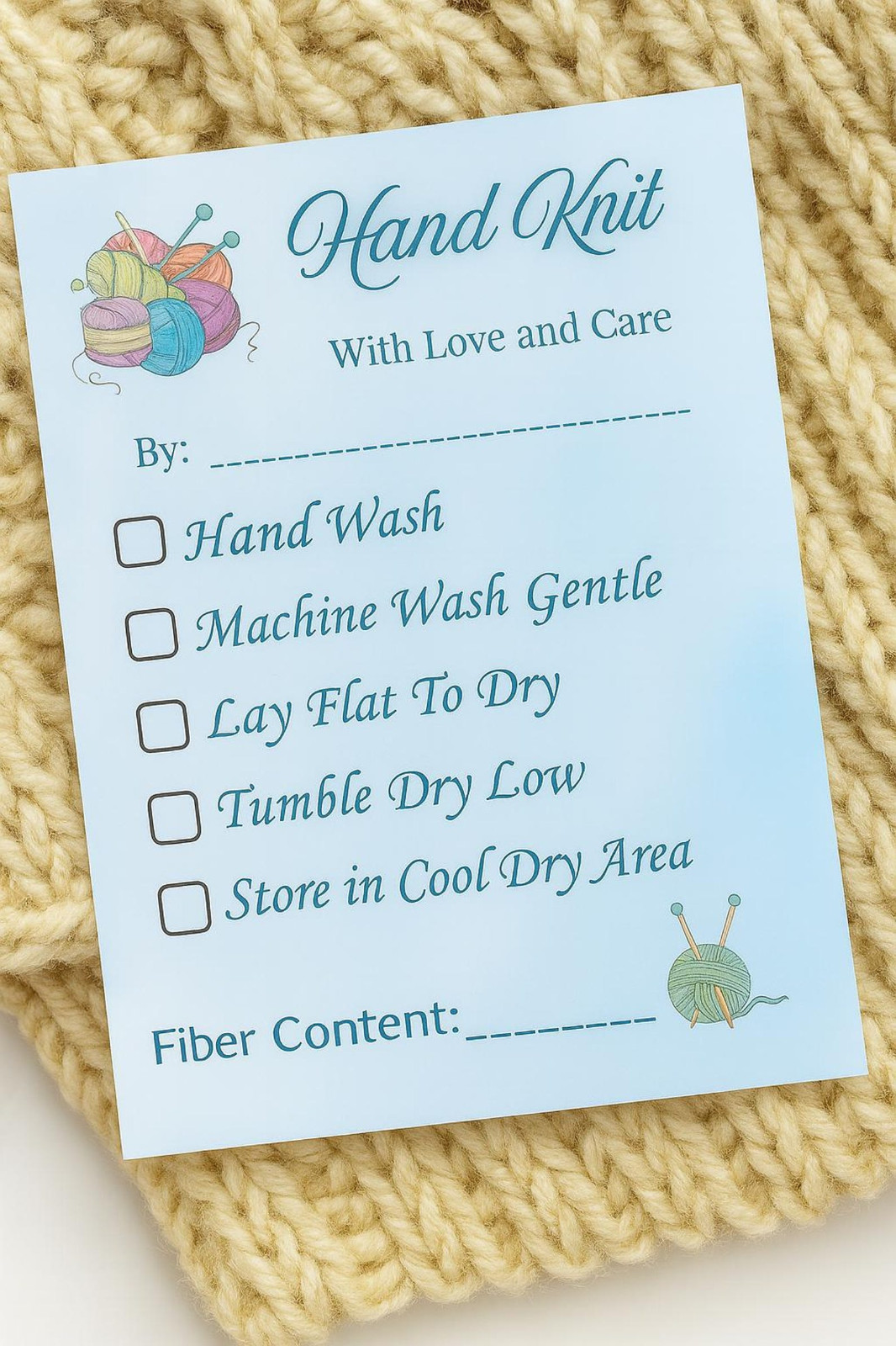 Printed Knitting Care Cards 4x5 Tags for Hand Knit Gifts Pack of 12